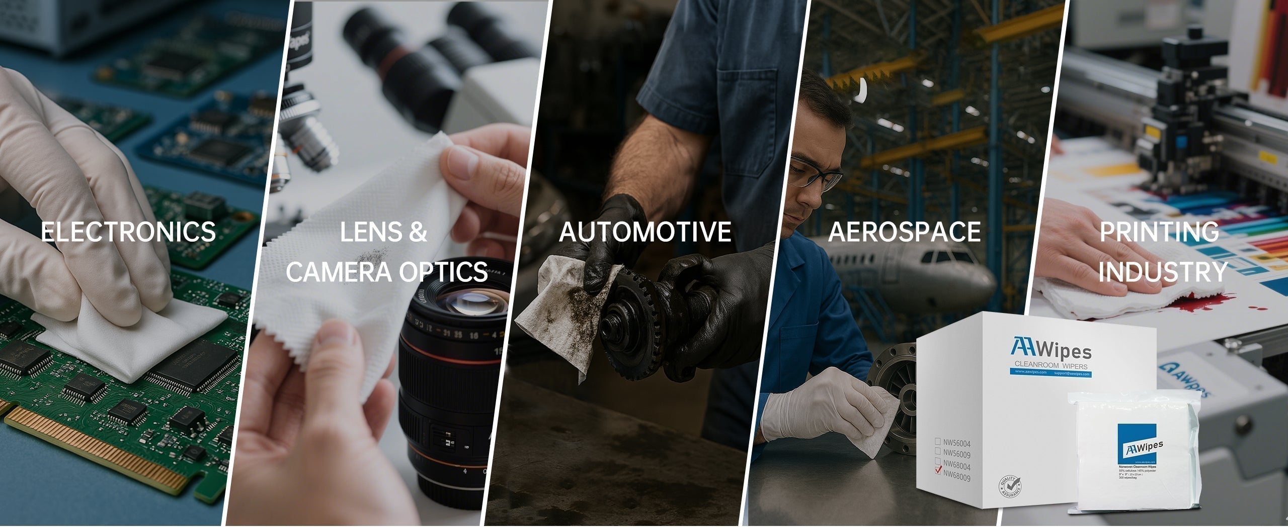 AAWipes cleanroom wipes designed for various industries including electronics manufacturing, pharmaceuticals, semiconductors, printing, and optics lens cleaning, ensuring high performance and contamination control.