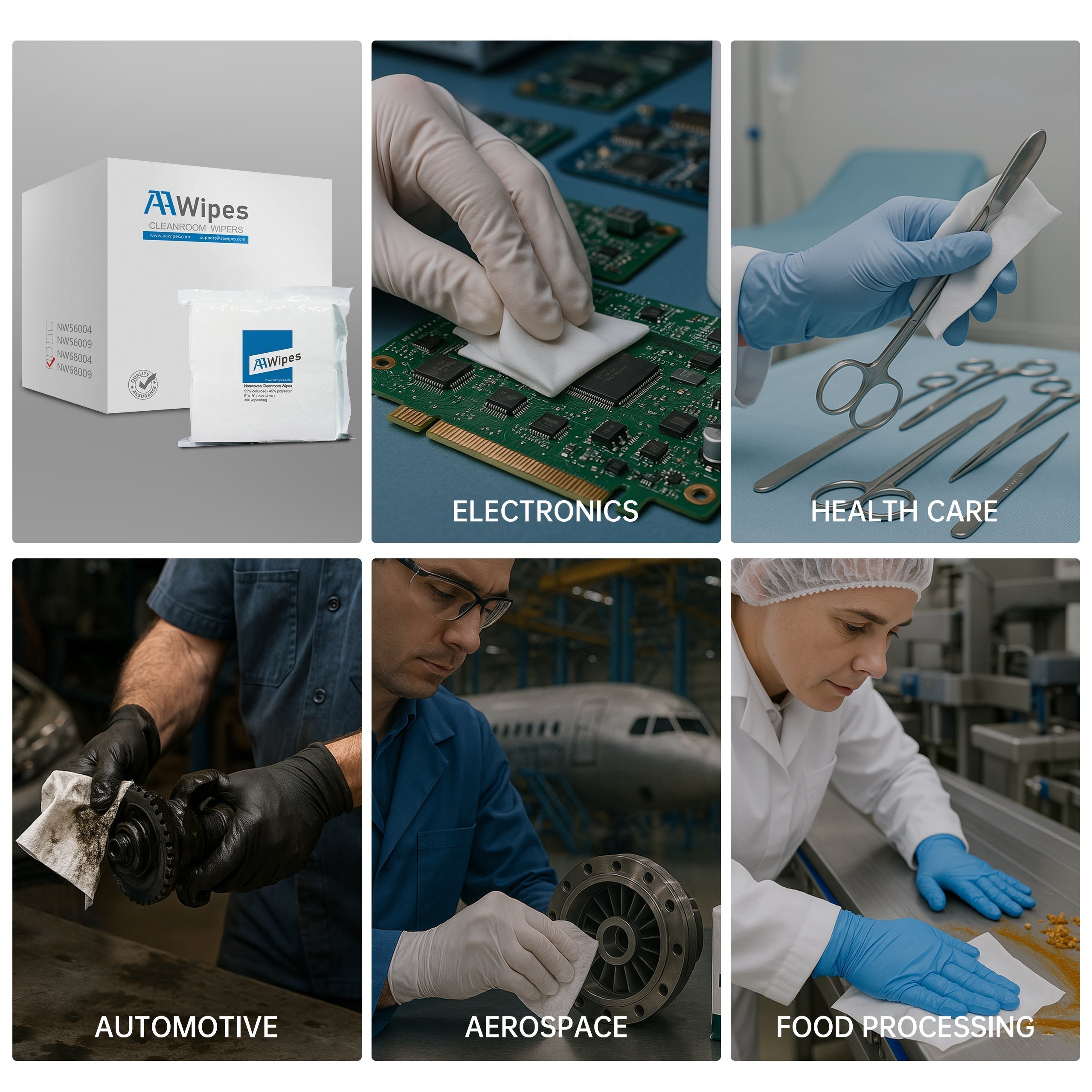 Sterile and non-sterile cleanroom wipes, sticky mats, and swabs for contamination control in semiconductor and biotech industries.