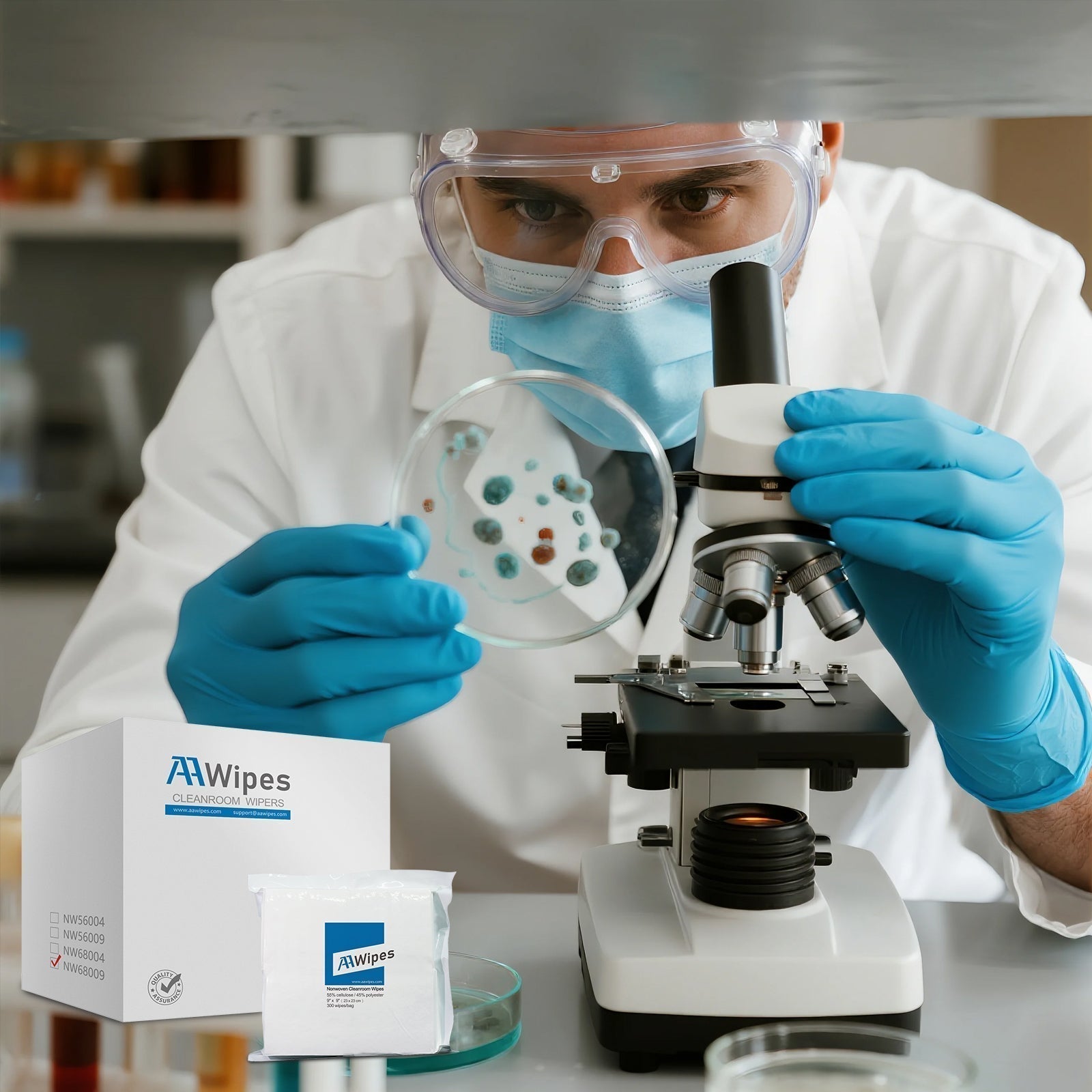 Researcher using nonwoven cleanroom wipes to sanitize sensitive laboratory instruments