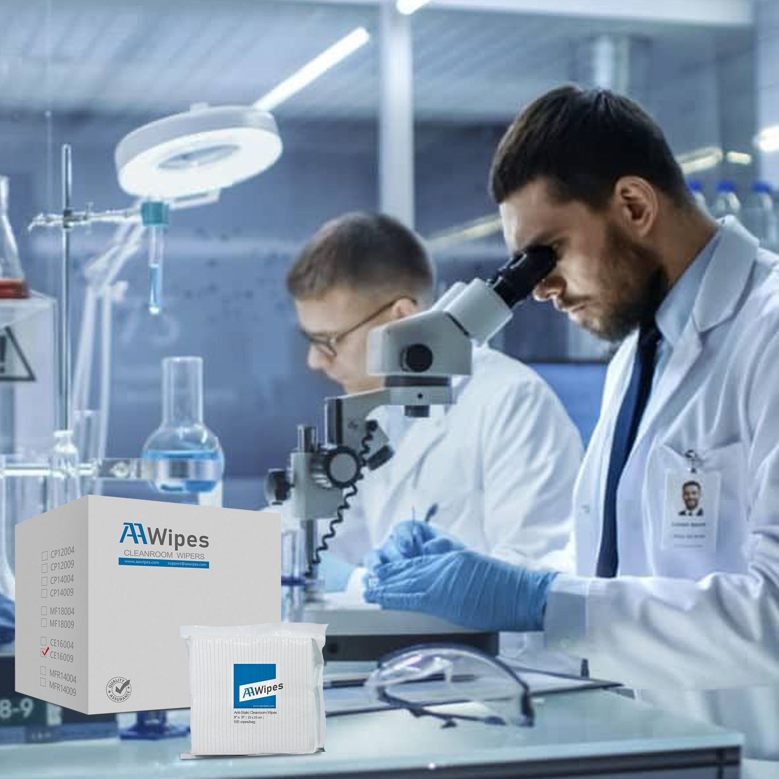 AAWipes ultra-fine microfiber wipes and ESD-safe swabs for precision optics and laser equipment cleaning.