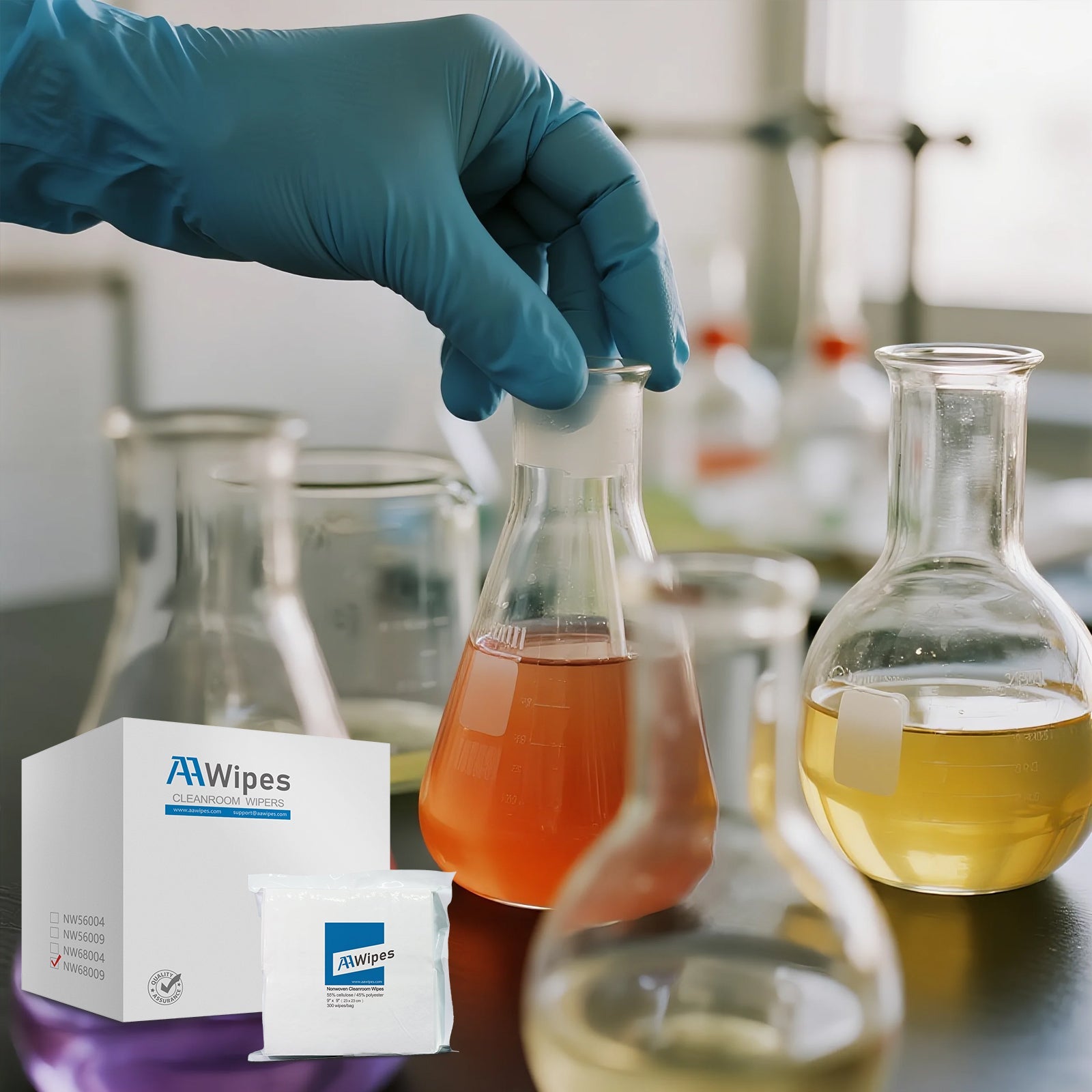 Cleanroom consumables including polyester wipes, anti-static swabs, and sticky mats for biotechnology, pharmaceutical, and electronics manufacturing environments.