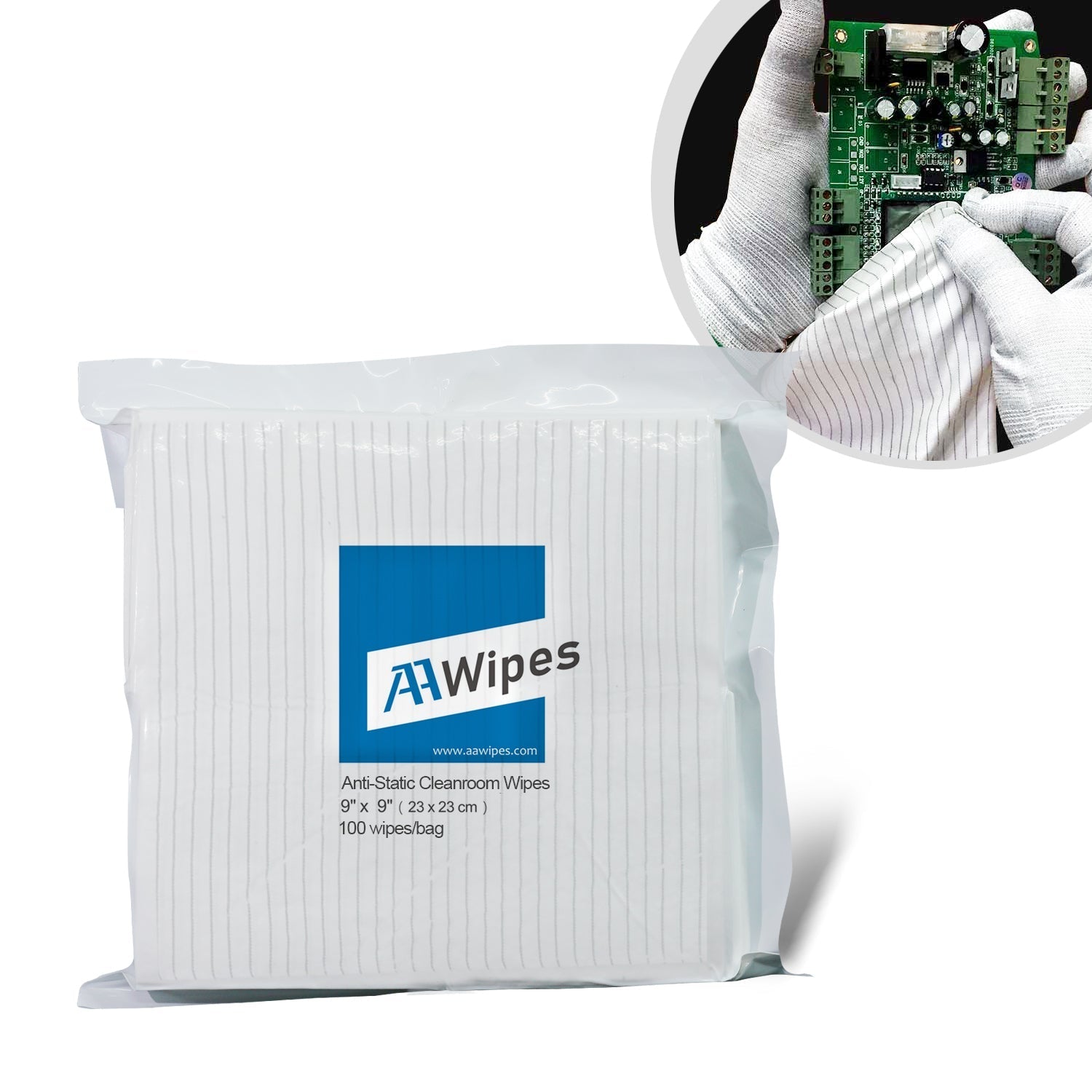 Semiconductor ESD Cleanroom Wipes With Conductive Yarn Electronic Compoment Metal Wiping Anti-Static ESD Wipes 9"x9" for Equipment Maintanence. 2000wipes/box, 20 bags (No. CE16009)
