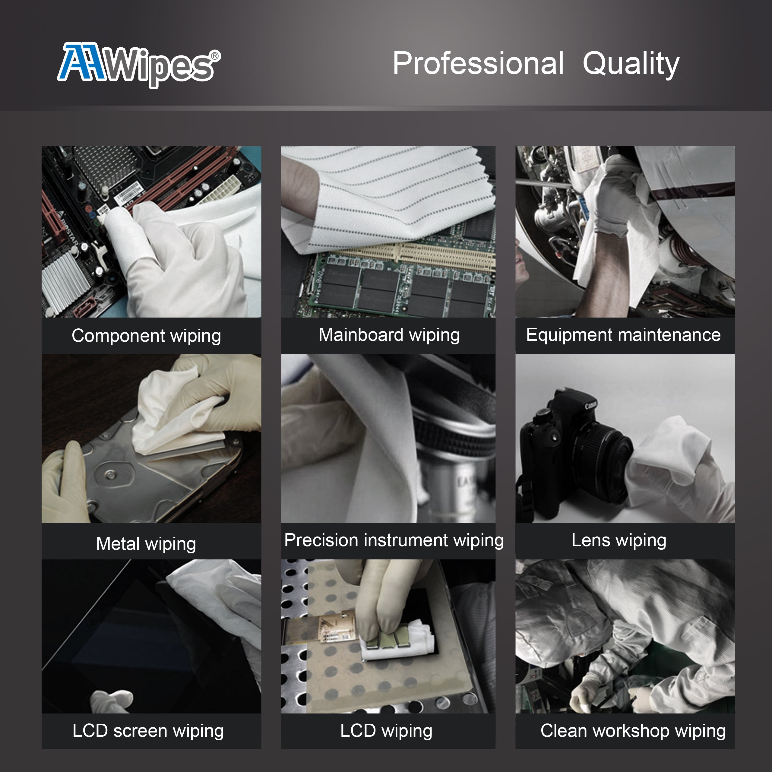 anti-static properties, lint-free, suitable for cleanroom use.