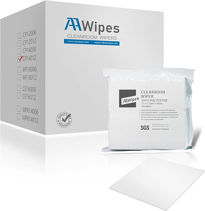 AAwipes Features: High-strength polyester microfiber cleanroom cloth, laser-cut, ultrasonically sealed, and manufactured in a Class 10-100 (ISO Class 4-5) environment. Laundered in ultra-pure water and hermetically sealed. Soft, non-abrasive, fast-drying, high-density weave for superior absorption. Durable, lint-free synthetic fibers ensure cleanroom cleanliness