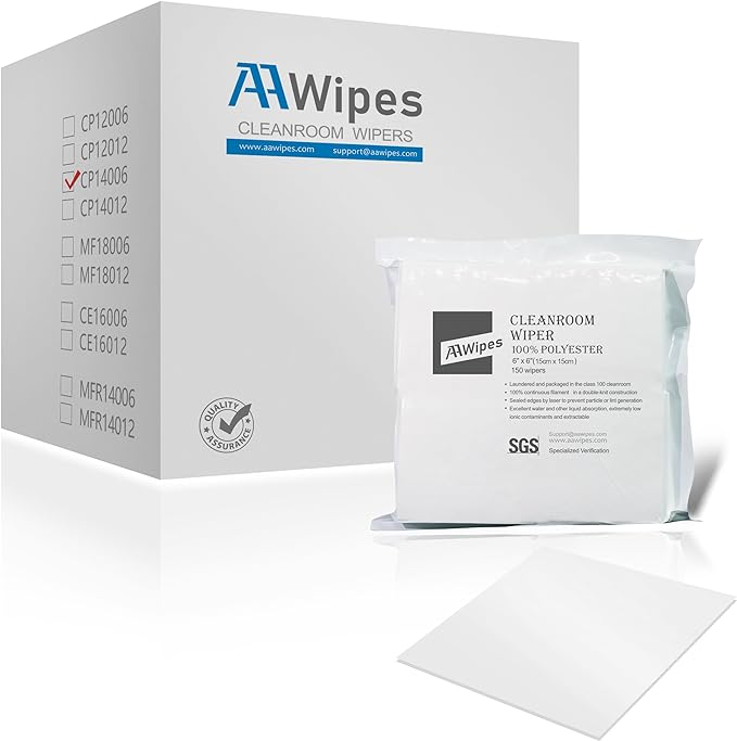 AAwipes cleanroom cloths are high-strength polyester microfiber, laser-cut with ultrasonically sealed edges, manufactured in a class 10-100 cleanroom, laundered in ultra-pure water, and hermetically sealed. They are soft, non-abrasive, fast-drying, have a high-density weave for increased absorption, and are lint-free for durability. 
