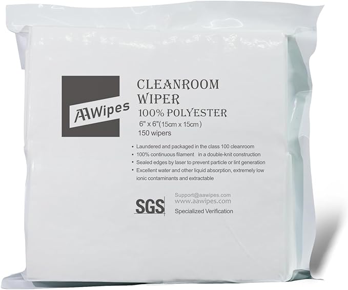 AAwipes Low-Linting Cleanroom Wipes: 6"x6" Double Knit, 100% Polyester, Disposable. Ideal for delicate tasks. 15,000 wipes/case, 100 bags (No. CP14006-100).