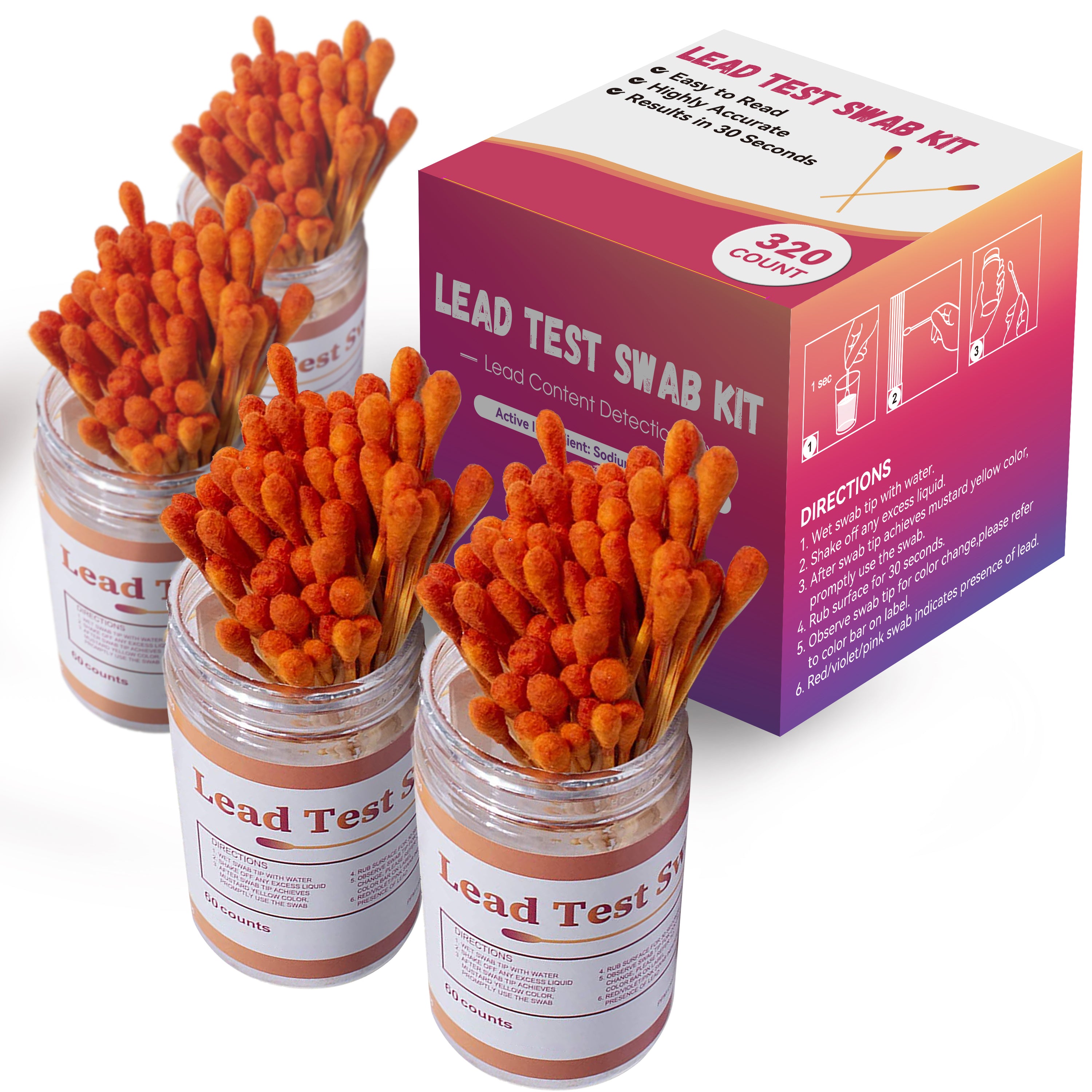 Residential Lead Detection Instant Lead Test Swab Kit Home Lead Testing (80X4=320 Pcs Rapid Home Testing Swabs) 30-Second Results. Dip in White Vinegar. Home Use for All Surfaces - Painted, Dishes, Toys, Jewelry, Metal, Ceramics, Wood (LS320)