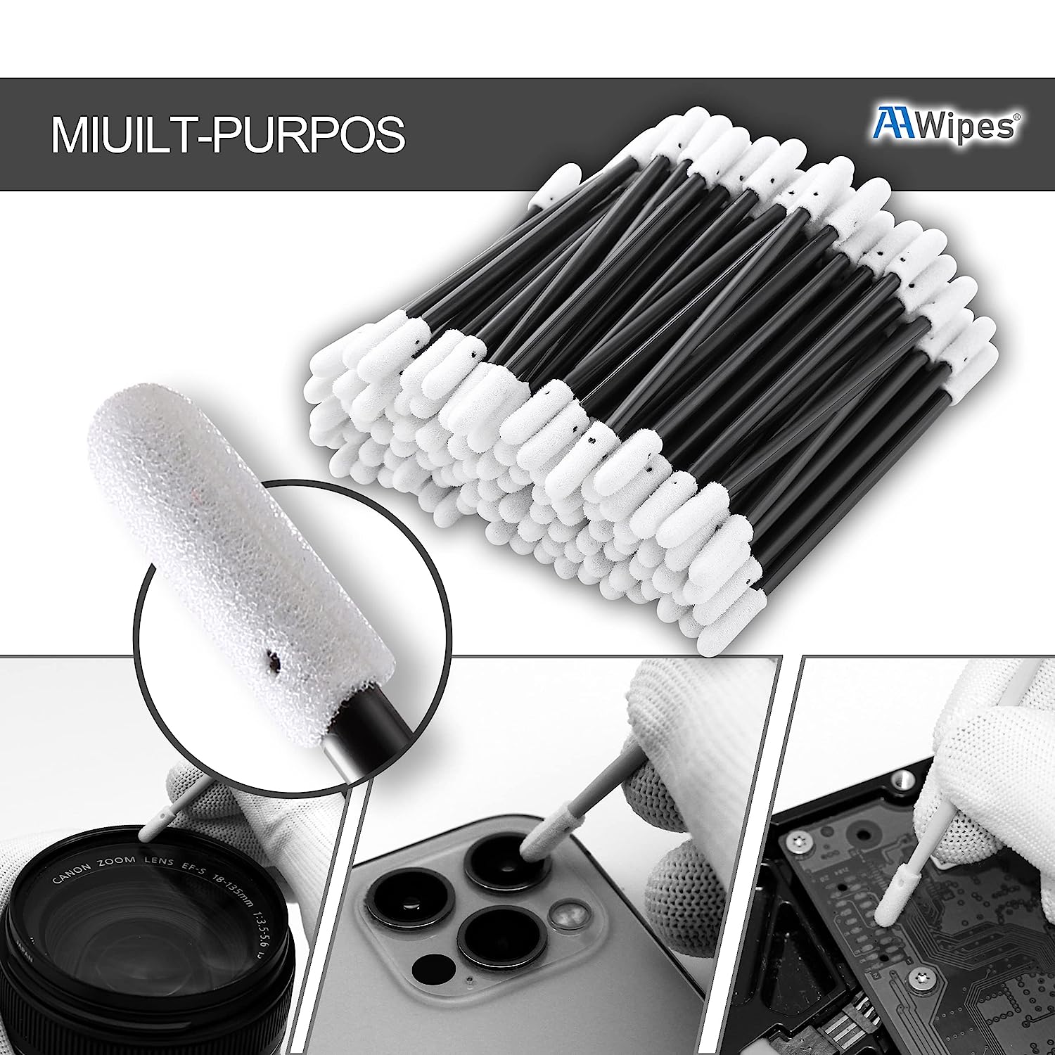 76 mm Cleanroom Swabs 3" Double-Headed Q Tip FoamSticks, 3.2 mm Round Head, (D7220, 1,000pcs, Black/Blue)