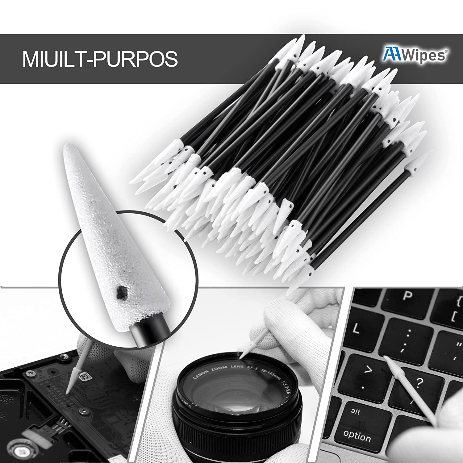 Cleanroom Swabs Double-Tipped 2.9",Foam Tips Sticks, Head/ Length=3.2 mm/73 mm (No. D7230, 1,000pcs Black and Blue)