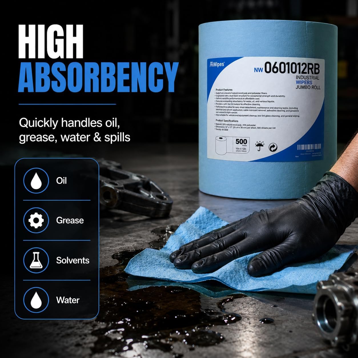 Cleanroom Wipe Roll (500 Sheets, 10"x12") – Heavy-Duty Blue Cellulose-Polyester Blend, Low-Lint & Highly Absorbent for Industrial, Lab & Cleanroom Bulk Supply