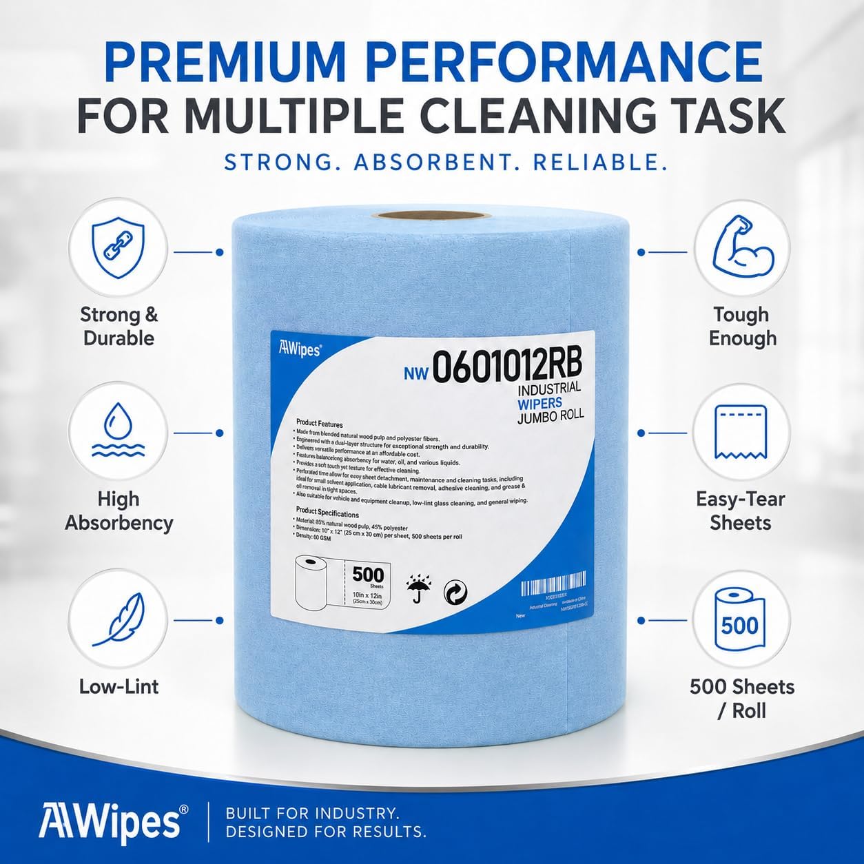 Cleanroom Wipe Roll (500 Sheets, 10"x12") – Heavy-Duty Blue Cellulose-Polyester Blend, Low-Lint & Highly Absorbent for Industrial, Lab & Cleanroom Bulk Supply