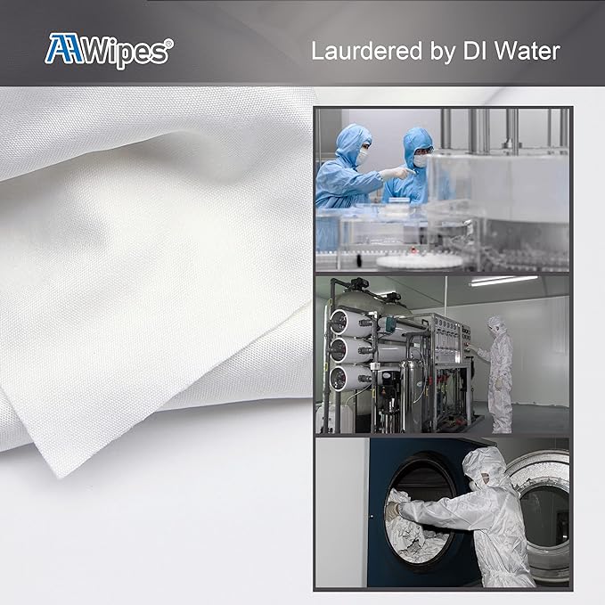 AAwipes cleanroom wipes, 100% High-Strength Polyester Microfiber Cleanroom Cloth is laser cut with ultrasonically sealed edges. Manufactured in class 10-100 (ISO Class 4-5) cleanroom environment, laundered in ultra-pure water, and hermetically sealed.