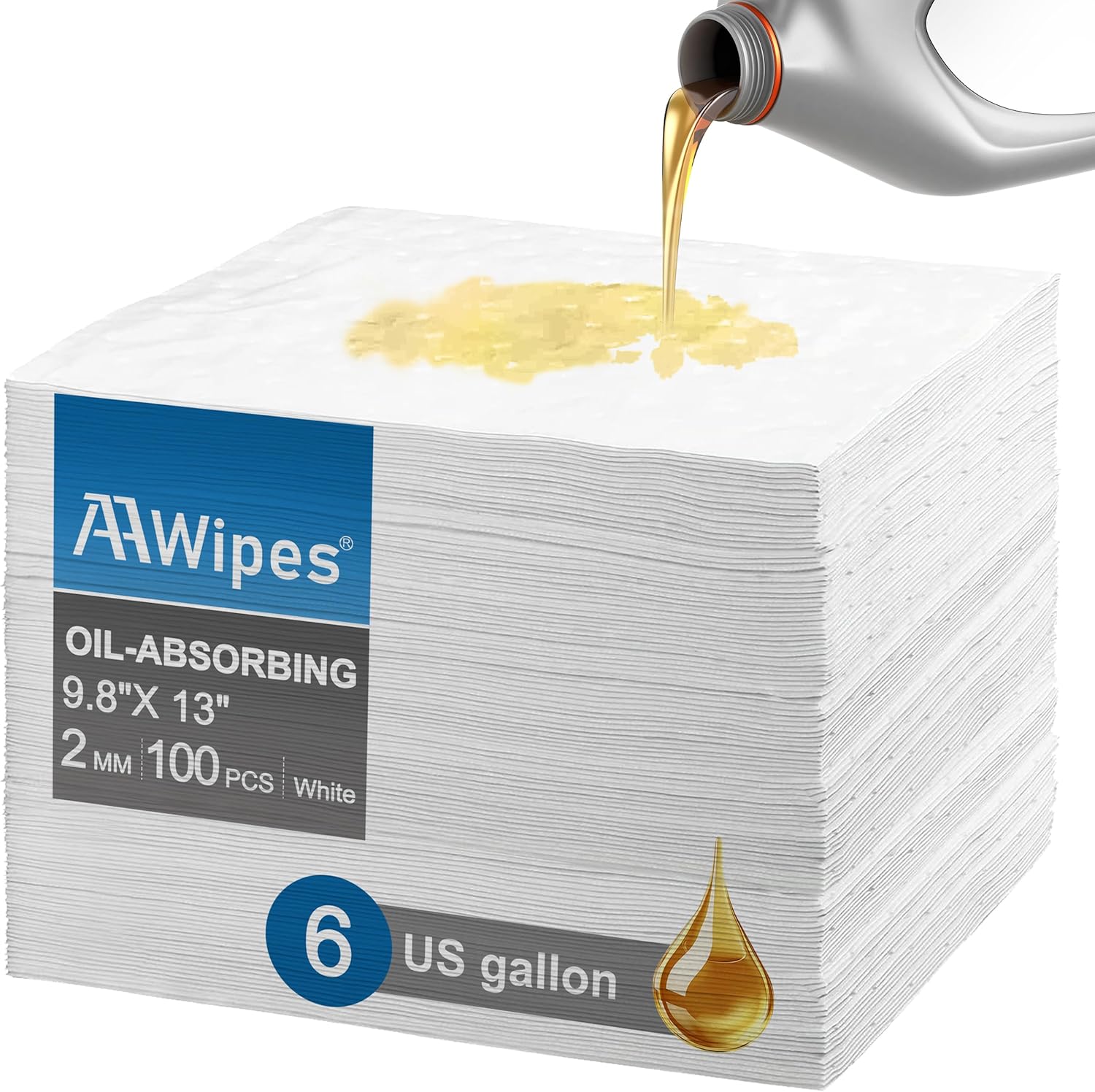 AAwipes Oil Absorbent Pads Universal for All Liquids Oil Spill Control Oil Absorbing Sheets for Garage, Car, Truck, Motorcycle Grey 100 Pack 9.8" X 13" OG1013-100