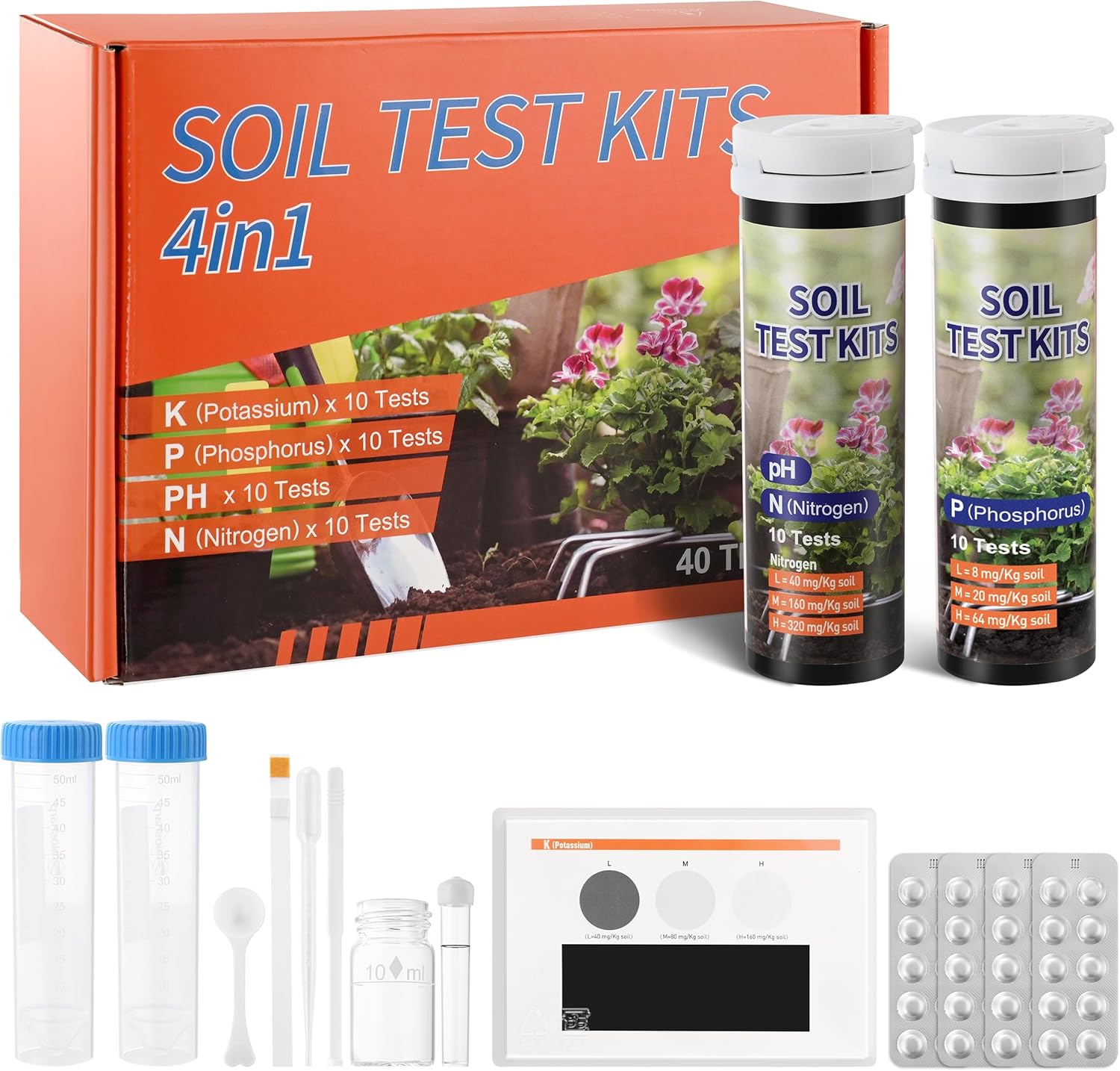 Soil Test Kit 4-in-1 Soil Testing Kit- 40 Tests Gardening for pH Nitrogen Phosphorus & Potassium for Vegetables Garden Nutrients( J04-40,statting from 1000 strips for 10 bottles)