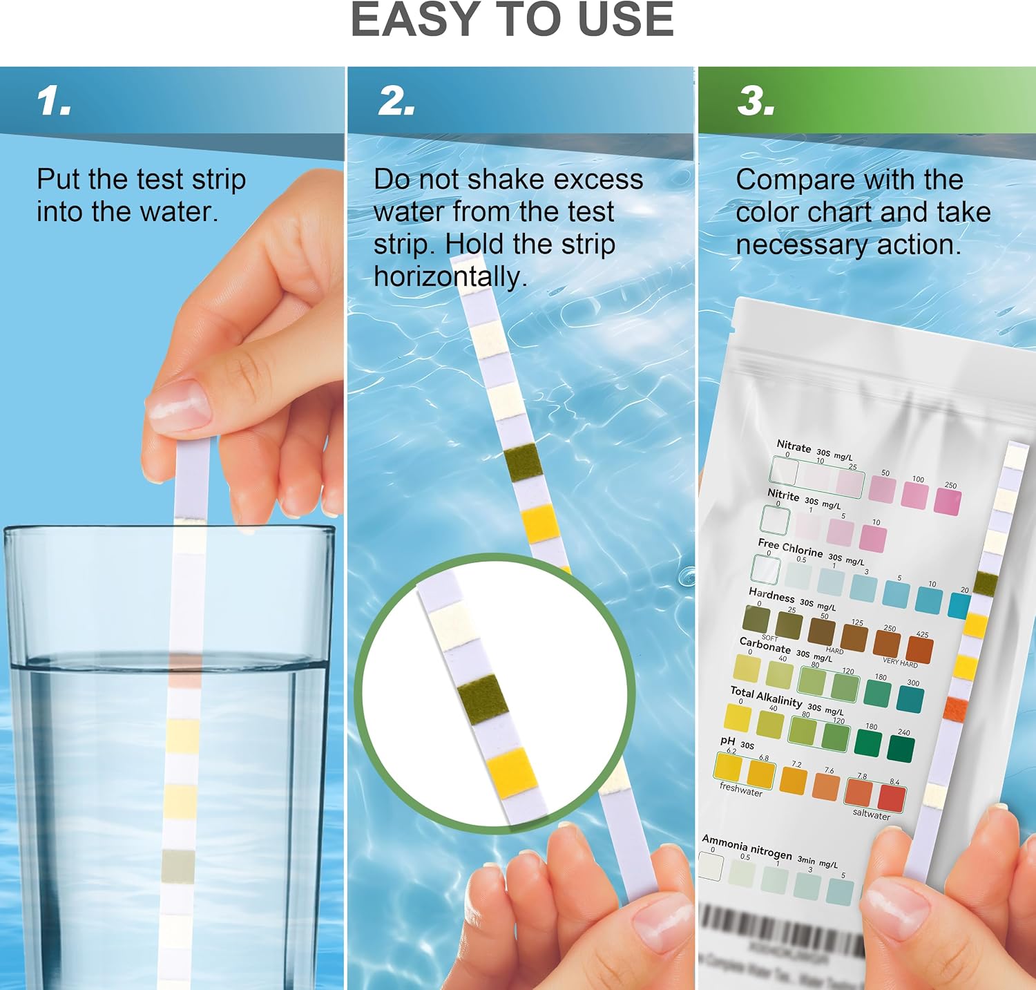 Aquarium Ammonia Test Strips 8-in-1 |250 Strips Bag Packs| Quick & Accurate Water Testing Test pH, Carbonate, Alkalinity, Hardness, Chlorine, Nitrite, etc. (K02-250)