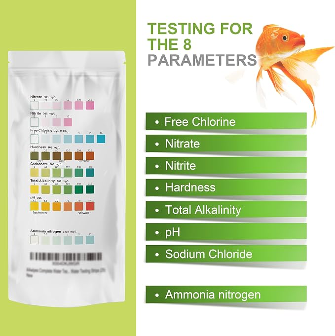Aquarium Ammonia Test Strips 8-in-1 |250 Strips Bag Packs| Quick & Accurate Water Testing Test pH, Carbonate, Alkalinity, Hardness, Chlorine, Nitrite, etc. (K02-250)