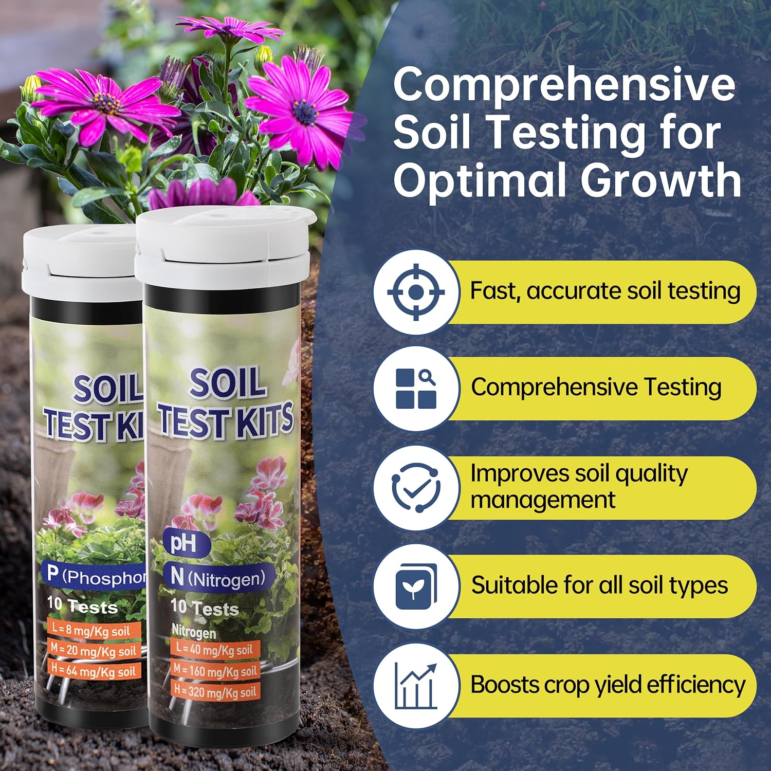 Soil Test Kit 4-in-1 Soil Testing Kit- 40 Tests Gardening for pH Nitrogen Phosphorus & Potassium for Vegetables Garden Nutrients( J04-40,statting from 1000 strips for 10 bottles)