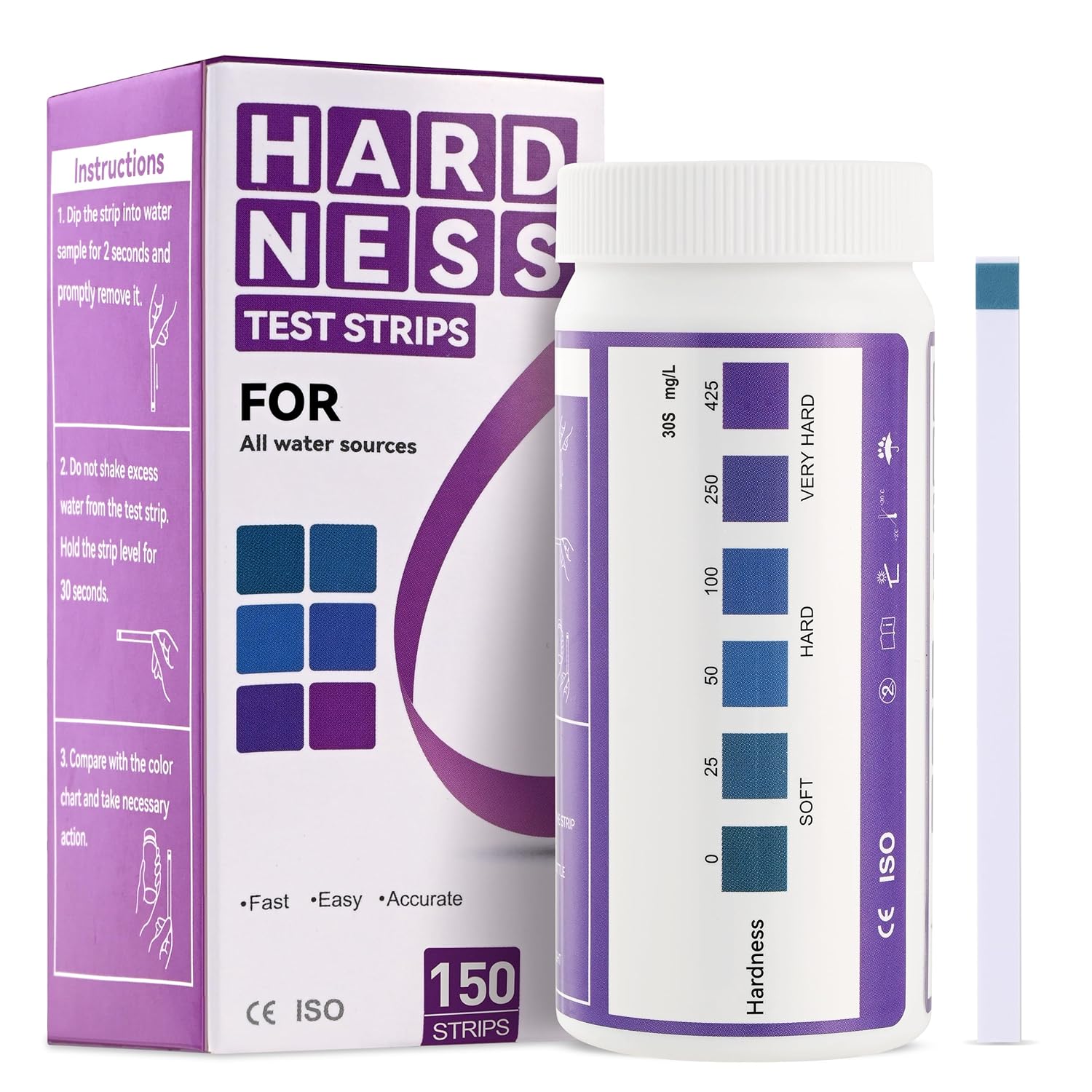 Water Hardness Test Kit 0-425 pmm Hard Water Test Strips - Ultimate Test Kit for for Home, Drinking, Well, Spa, Swimming Pool, Softener (K07-1500, Starting from 1500 strips for 10 bottles)