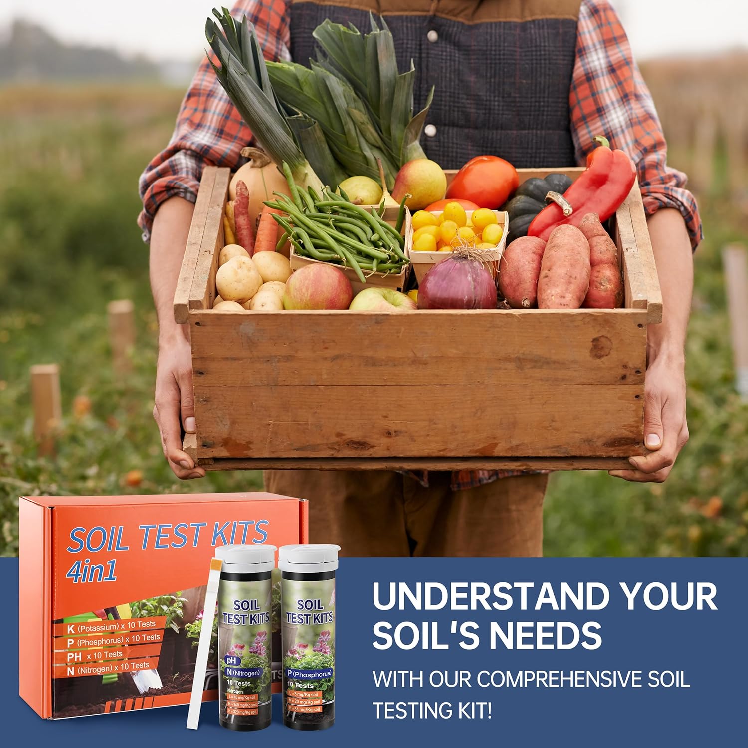 Soil Test Kit 4-in-1 Soil Testing Kit- 40 Tests Gardening for pH Nitrogen Phosphorus & Potassium for Vegetables Garden Nutrients( J04-40,statting from 1000 strips for 10 bottles)