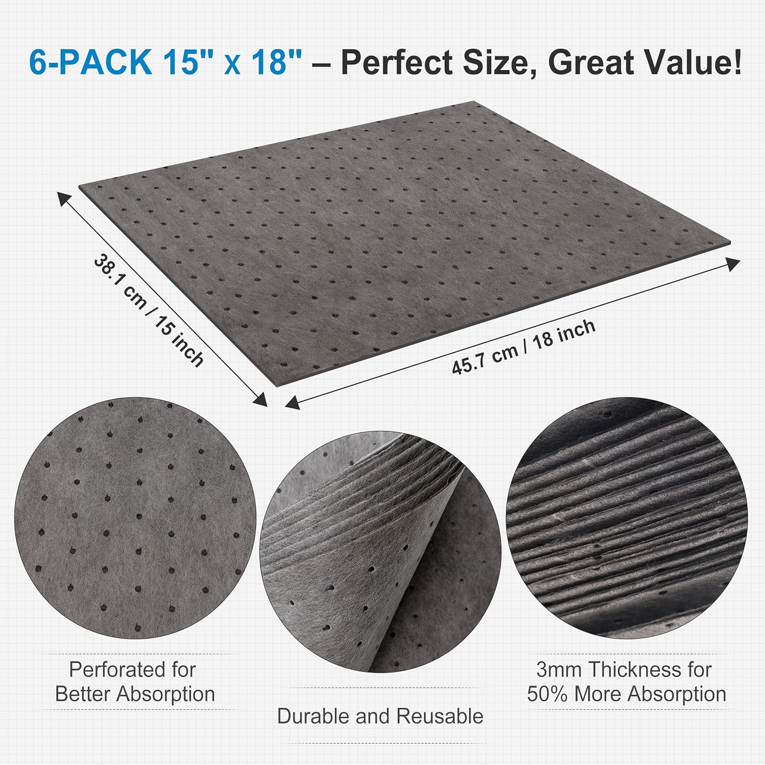 AAwipes Oil Absorbent Pads Mat Pre-Grade Universal Pads Absorbs All Liquids 3MM Thicker More Absorption for Garage, Car, Truck, Motorcycle - Grey 15" X 18" OG1518-48S(Starting from 48 sheets/8 boxes/case)