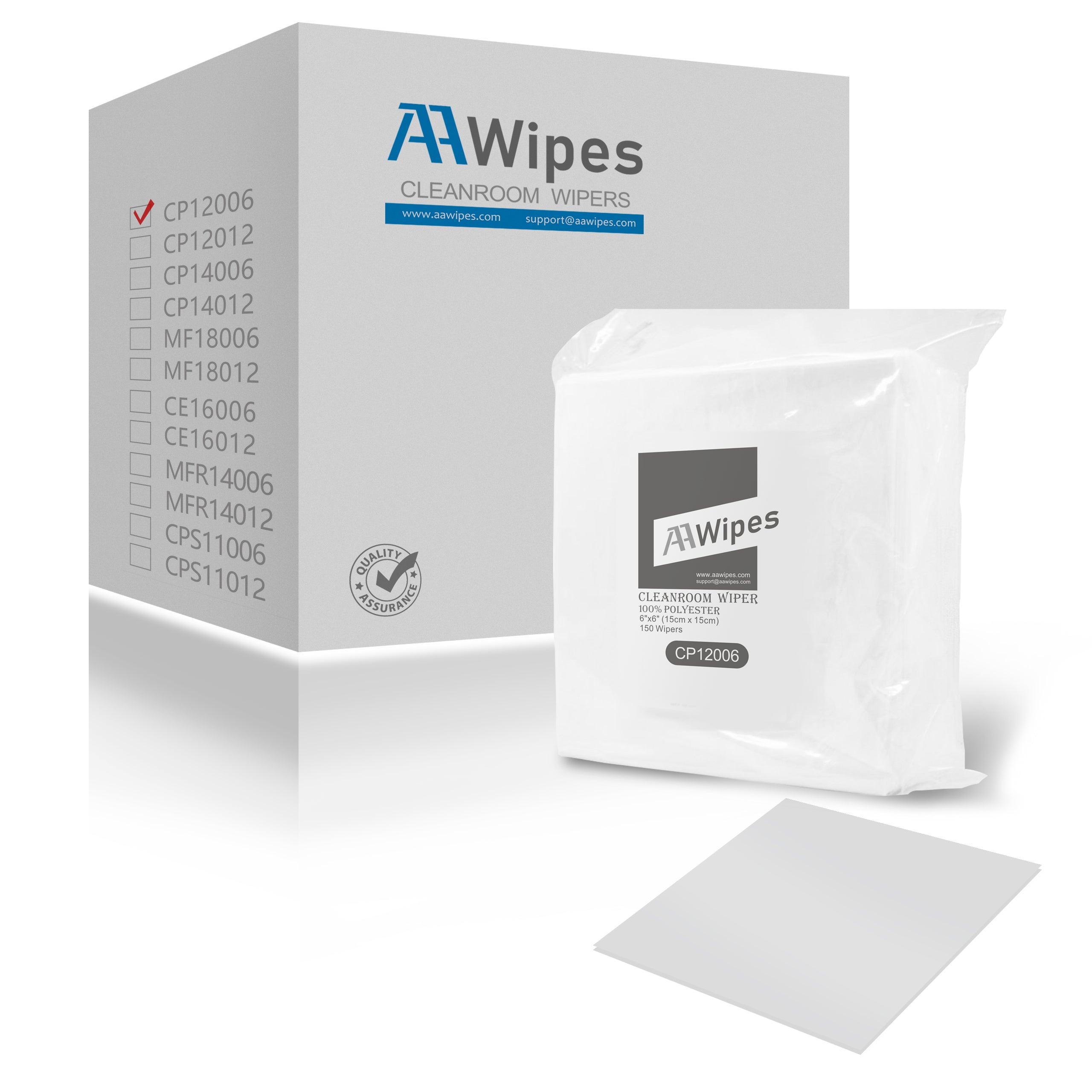 AAwipes Critical Environment Wipes: 6"x6" Double Knit, 100% Polyester. Pharmaceutical-grade, delicate task wipes. 6,000 wipes/box, 40 bags (No. CP12006).