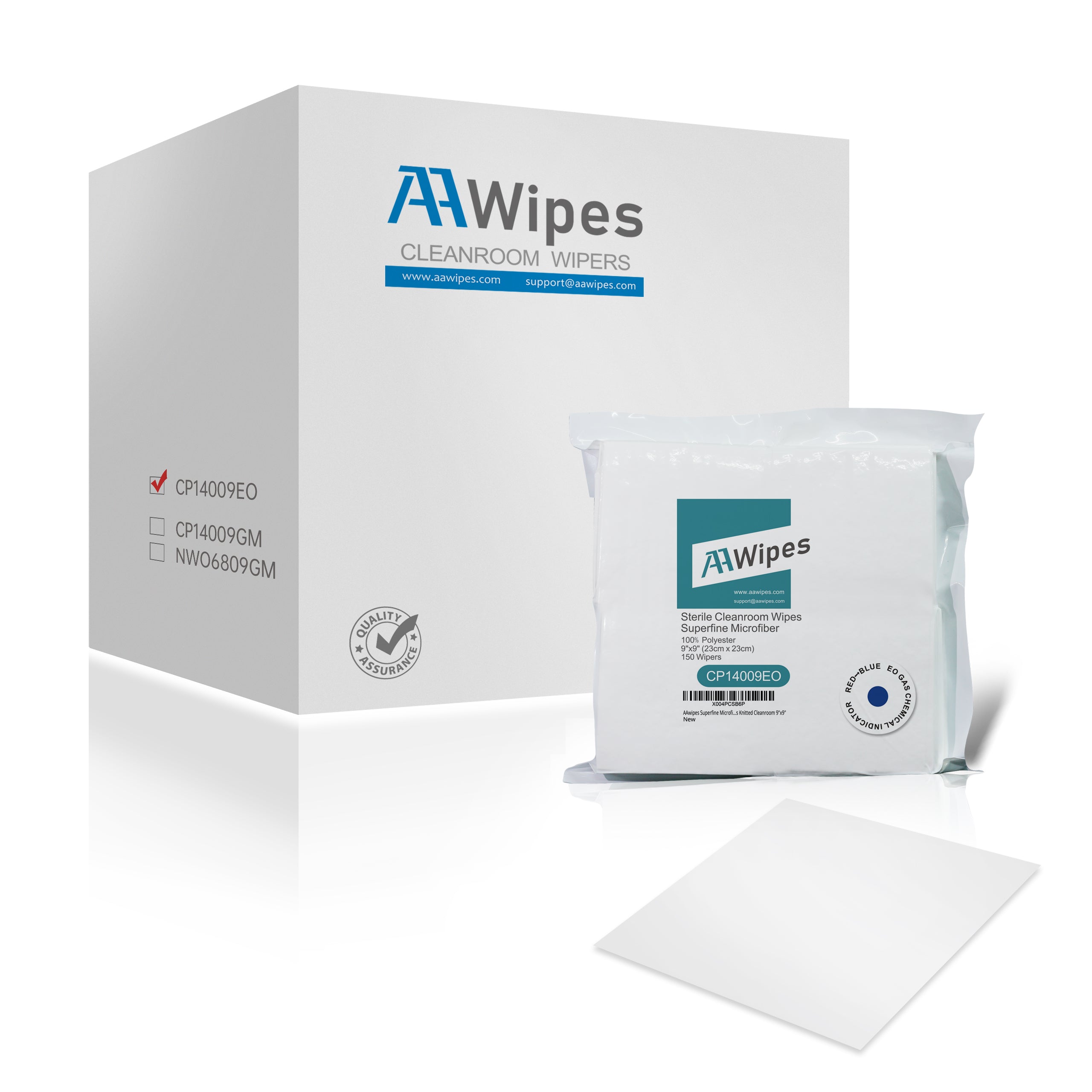 Case of EO sterilized polyester cleanroom wipes, lint-free, ready for laboratory, electronics, pharmaceutical, and optics applications