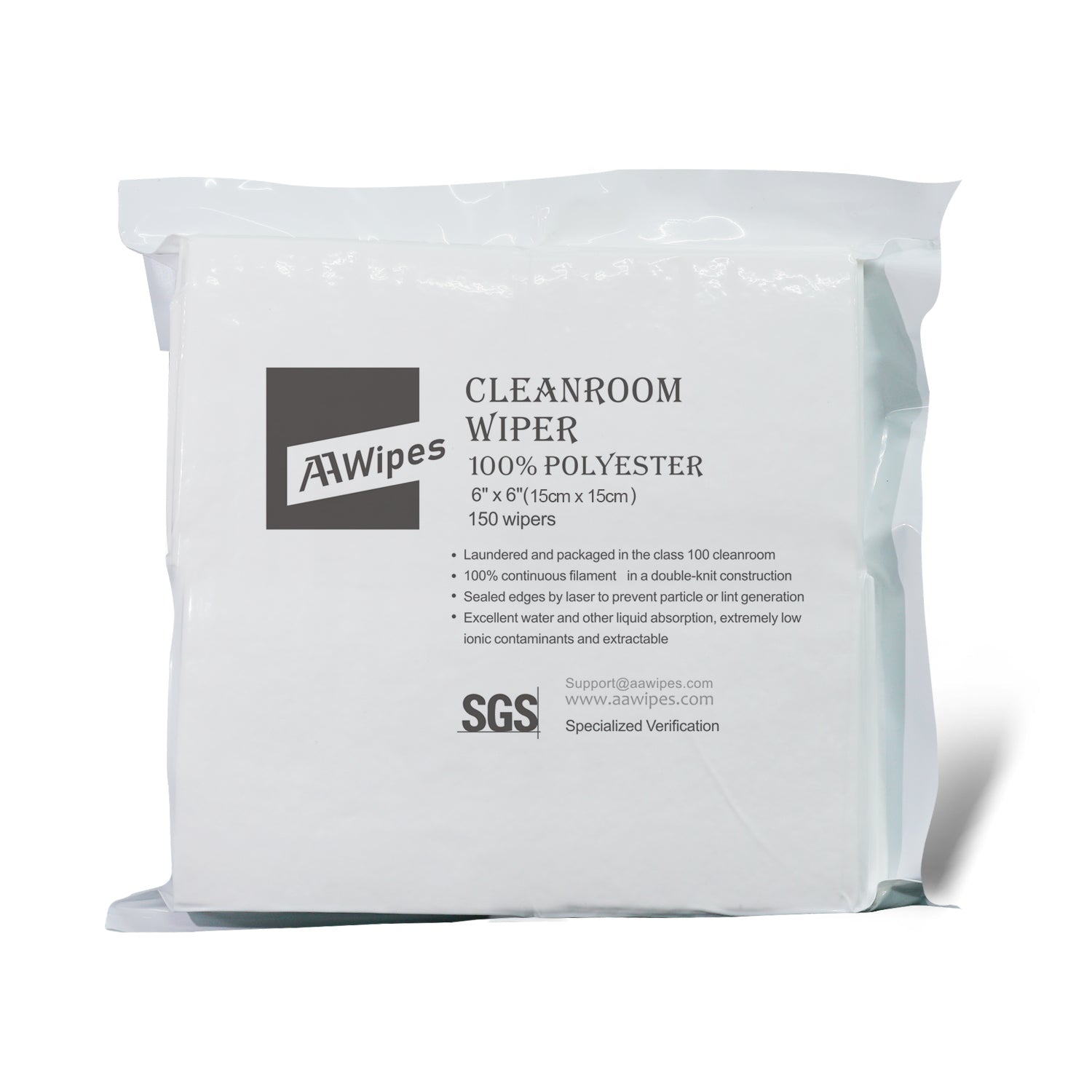 Cleanroom Wipes 6"x6" Double Knit  Polyester Wipers, Laser Sealed, Class 100-1000  (No. CP14006, 15,000 Wipes/100 Bags/Case)