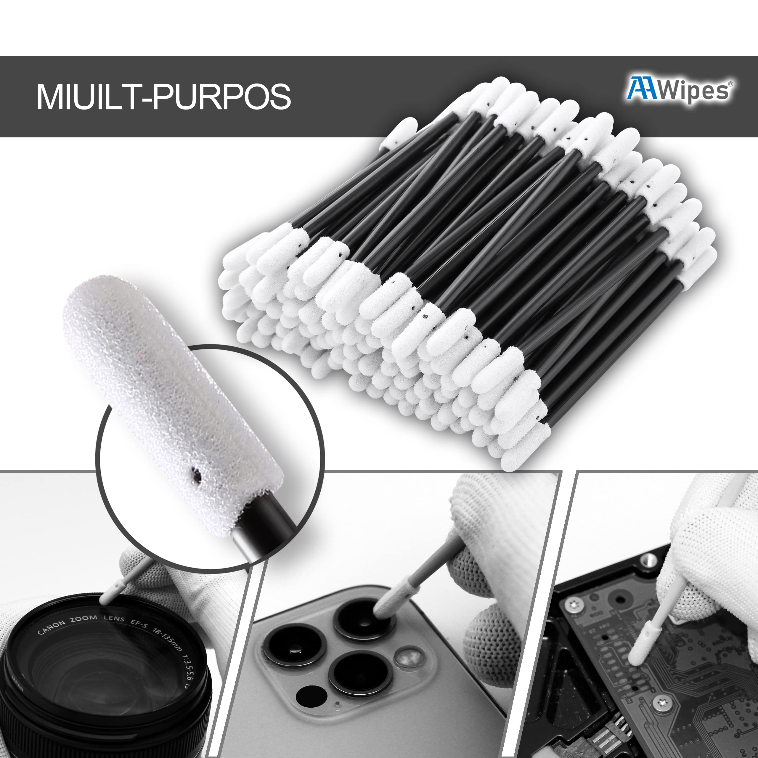 3" Double-Headed Foam Swab Cleaning Sticks, Round Head/Length 3.2 mm=76 mm ( NO. AD7220, 1,000pcs, Blue/Black))