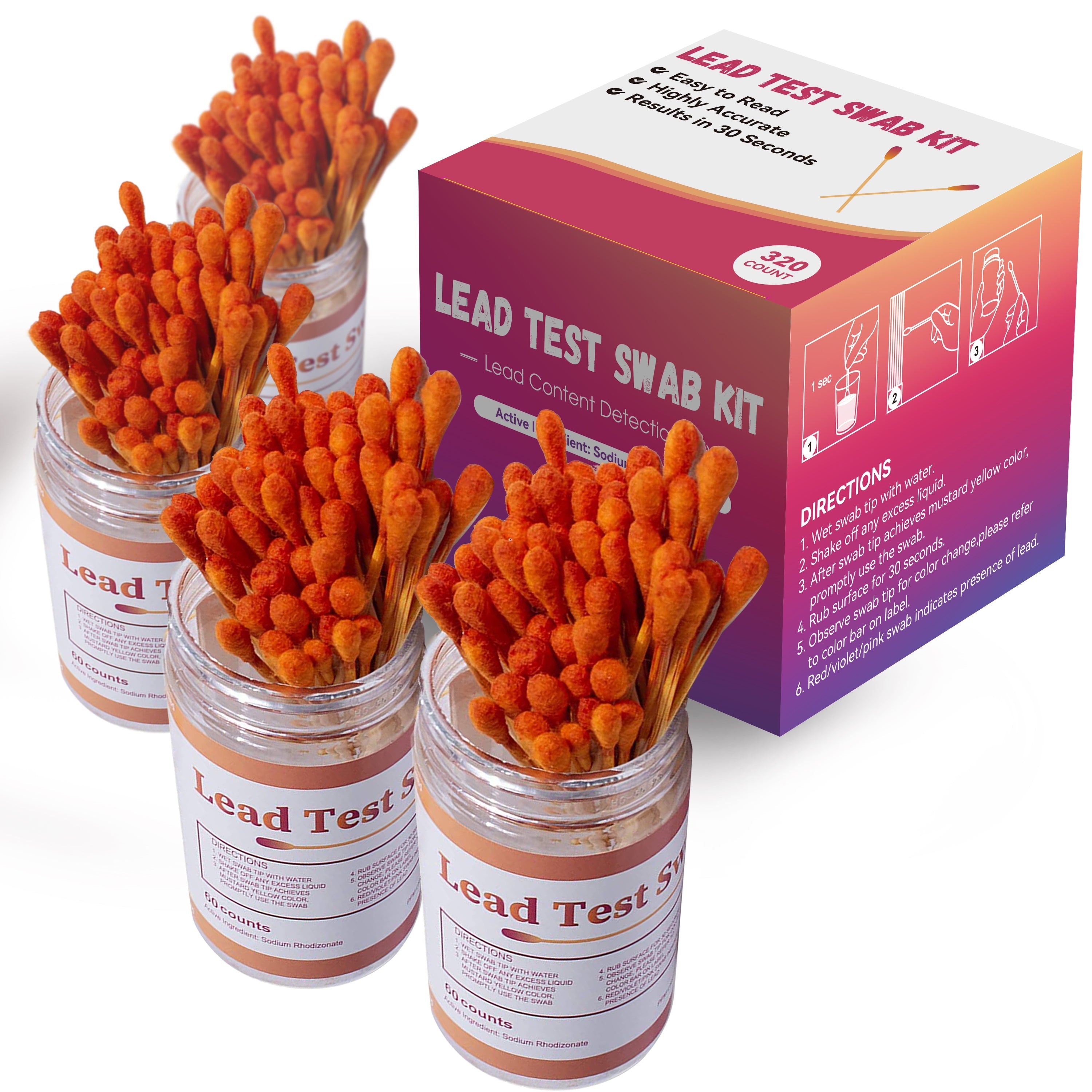 Residential Lead Detection Instant Lead Test Swab Kit Home Lead Testing (80X4=320 Pcs Rapid Home Testing Swabs) 30-Second Results. Dip in White Vinegar. Home Use for All Surfaces - Painted, Dishes, Toys, Jewelry, Metal, Ceramics, Wood (LS320)