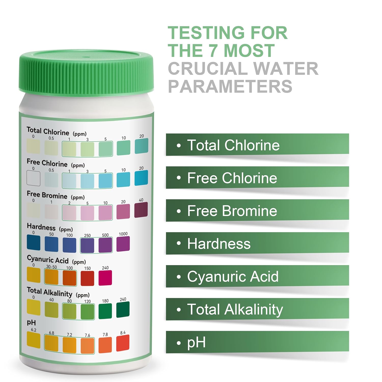 Pool Water Testing Kit 7 in 1 | 50 Pool Test Strips for Pool, Hot tub, Spa | Accurate Test Bromine, Total Alkalinity, pH, Free Chlorine, Hardness, Cyanuric Acid, Total Chlorine (K01-500)