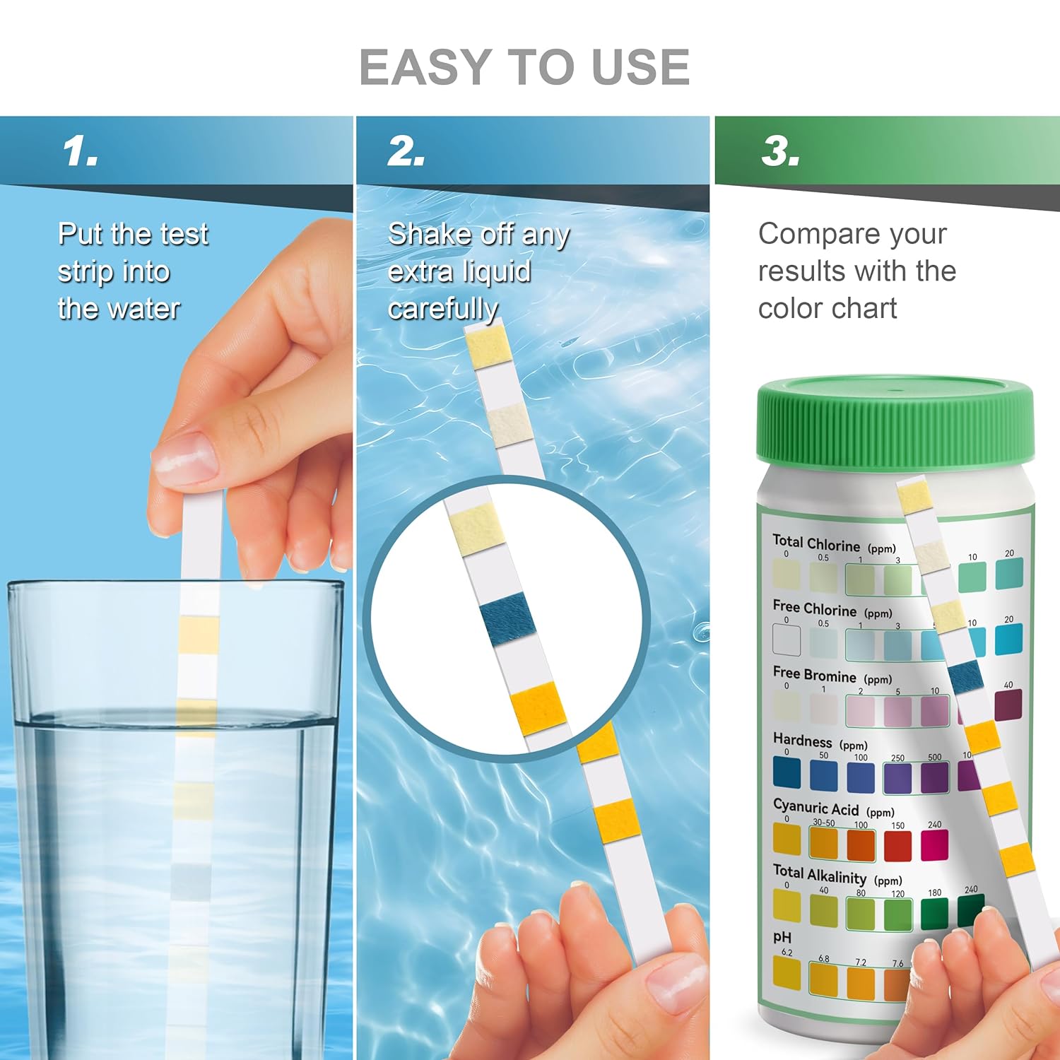 Pool Water Testing Kit 7 in 1 | 50 Pool Test Strips for Pool, Hot tub, Spa | Accurate Test Bromine, Total Alkalinity, pH, Free Chlorine, Hardness, Cyanuric Acid, Total Chlorine (K01-500)