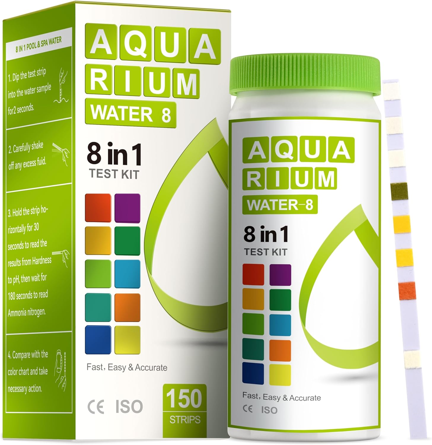 8-in-1 Aquarium Test Kit (150 Strips) for Freshwater & Saltwater - Quick & Accurate Water Testing for Aquariums & Ponds. Tests Free Chlorine, Hardness, pH, Ammonia Nitrogen, etc. (K02-1500)