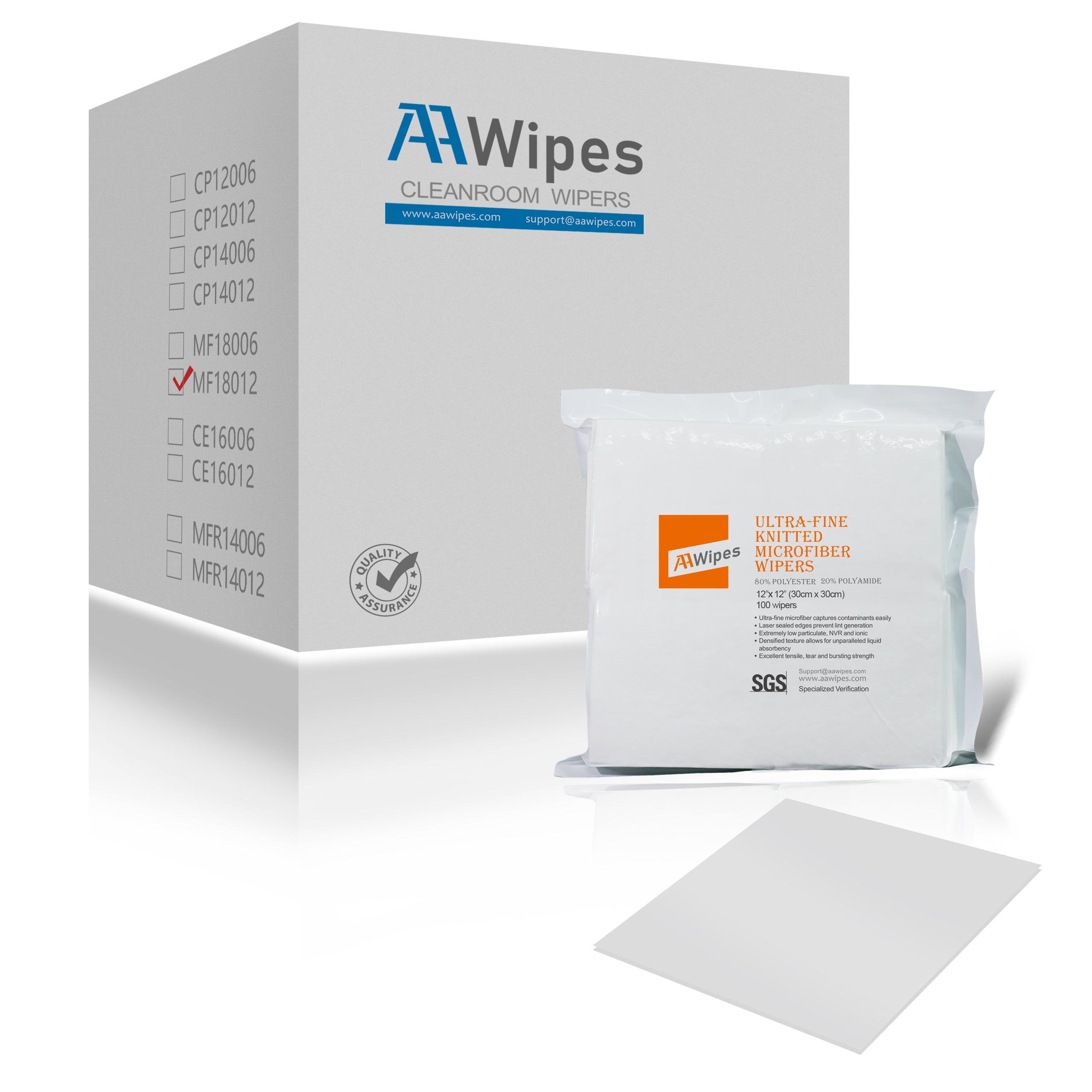 Cleanroom Wipes Microfiber Wipers 12"x12" Class 100 ISO 5,  180gsm), Ultrasonic Sealed,  (No. MF18012,  1,000 Wipes / 10 Bags /Case)