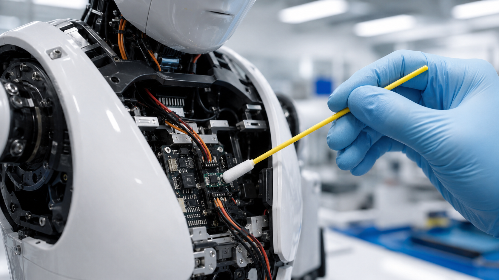 Industrial lint-free swabs being used for precision cleaning and maintenance of robotic components.