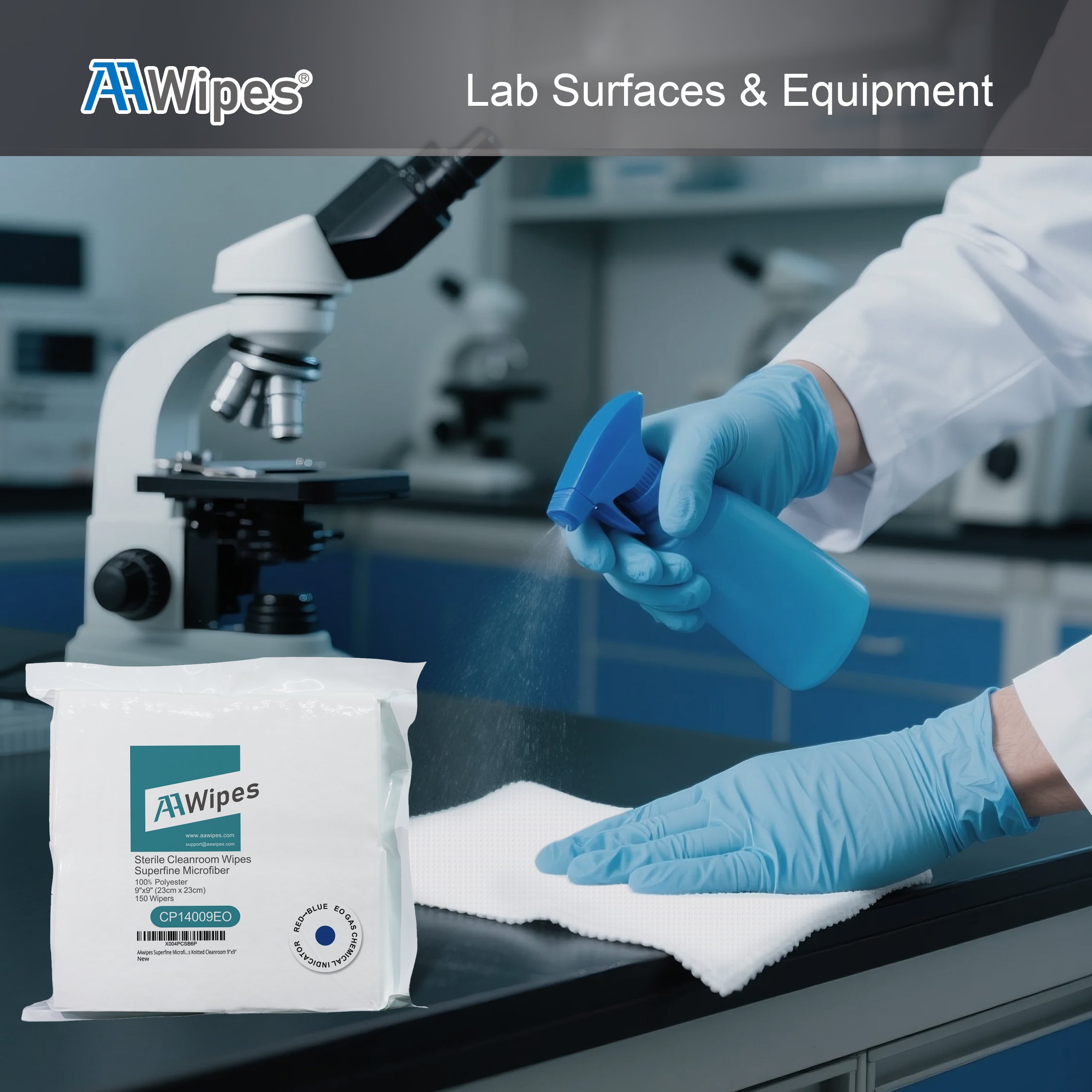 9x9 inch EO sterile polyester wipes, lint-free and chemical-resistant for cleanroom and lab use