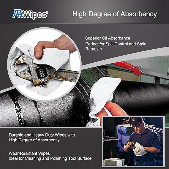 Large 24x12 inch heavy-duty wipes showing high oil and solvent absorption capacity in industrial cleaning.