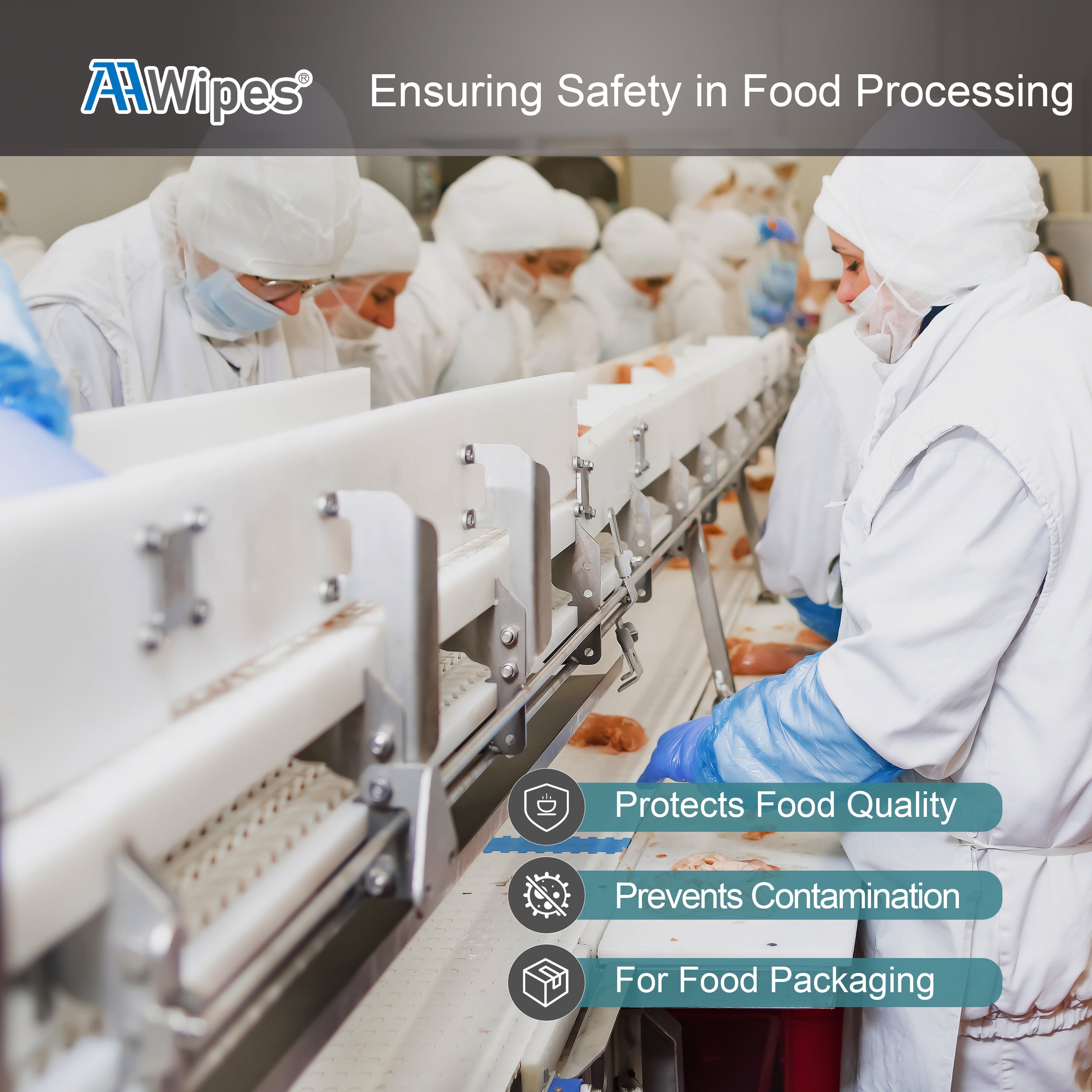 Sterile cellulose-polyester blend wipes for hygienic cleaning in food and beverage processing facilities.