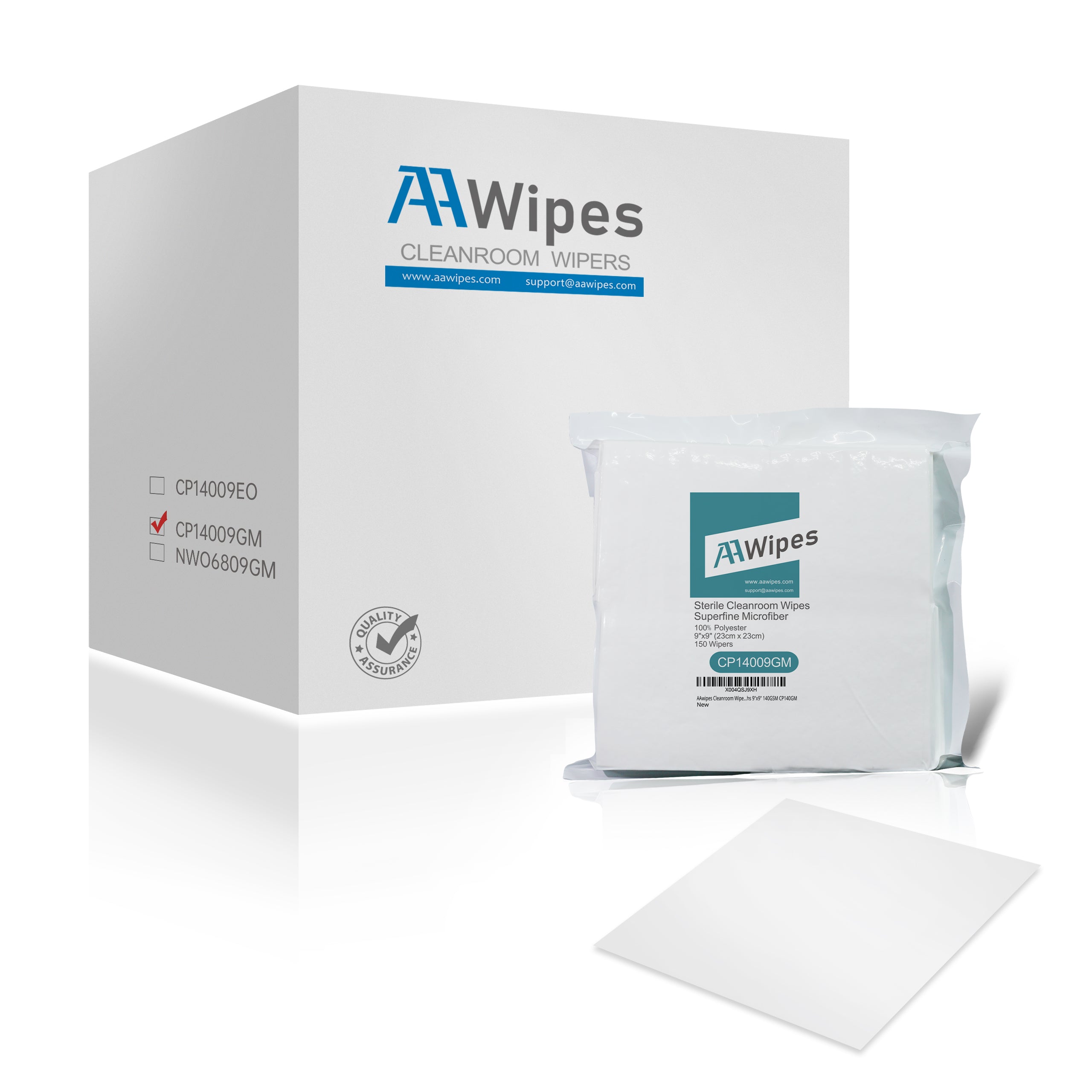 Dry Sterile Cleanroom Wipers SAL 10⁻⁶ 9"x9" Double Knit 100% Polyester Wipes, Cat. # CP14009GM