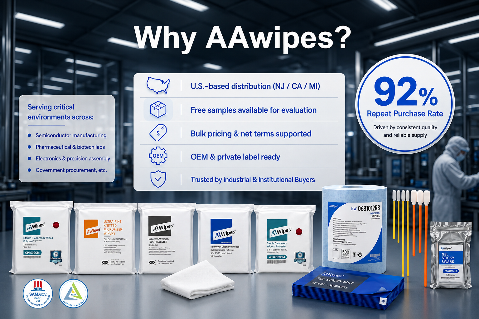 We supply sterile cleanroom wipes, microfiber, gel sticky swabs, and cleanroom sticky mats designed for critical environments in semiconductor manufacturing, pharmaceutical labs, and electronics assembly. Featuring a high 92% repeat purchase rate based on consistent quality and trusted by institutional buyers. Key B2B procurement benefits include bulk pricing, net terms, and free samples. Certified with SGS, REACH, and SAM.GOV CAGE CODE for government procurement.