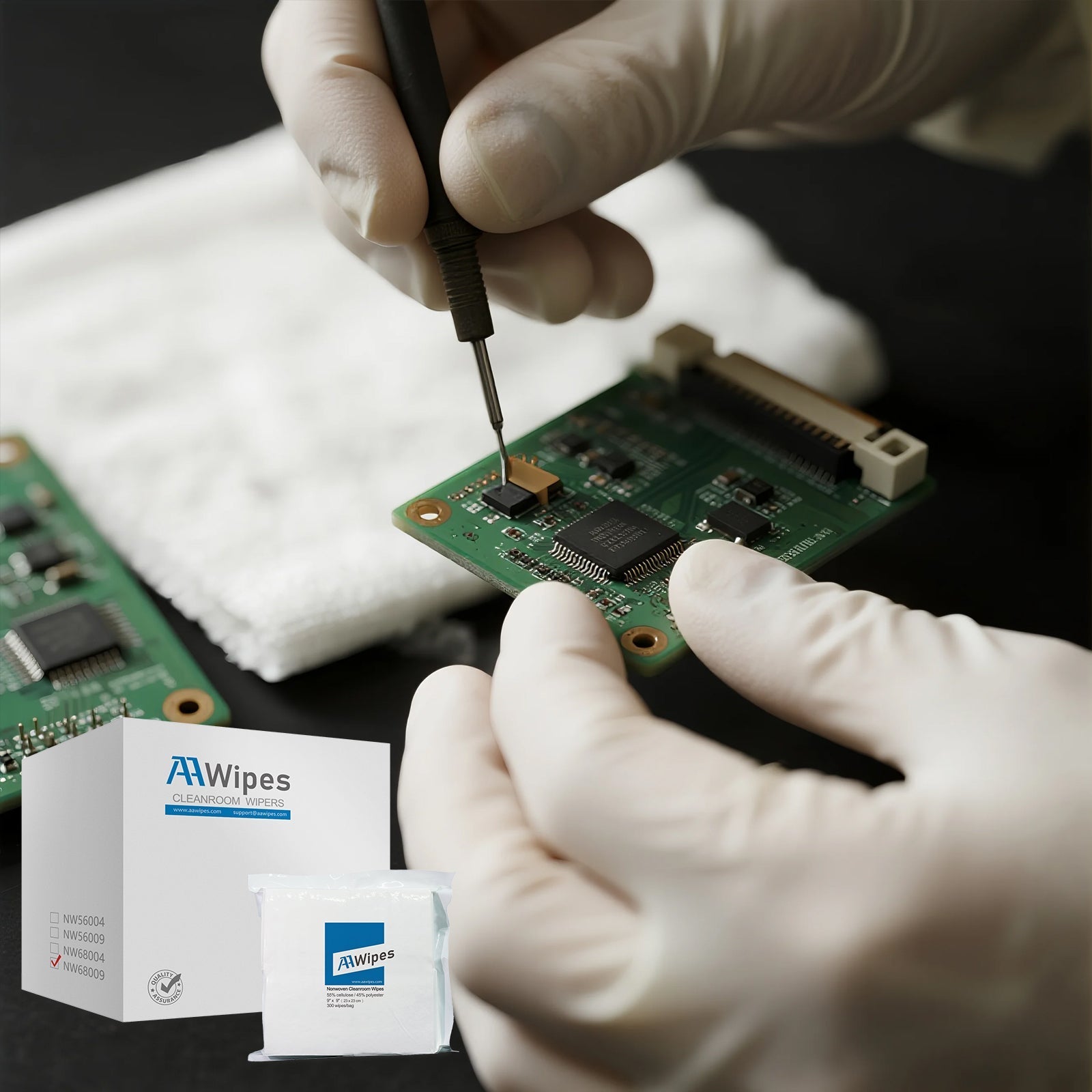 AAWipes cleanroom wipes and packaging displayed for OEM distributors, highlighting certified quality and private-label partnership options.