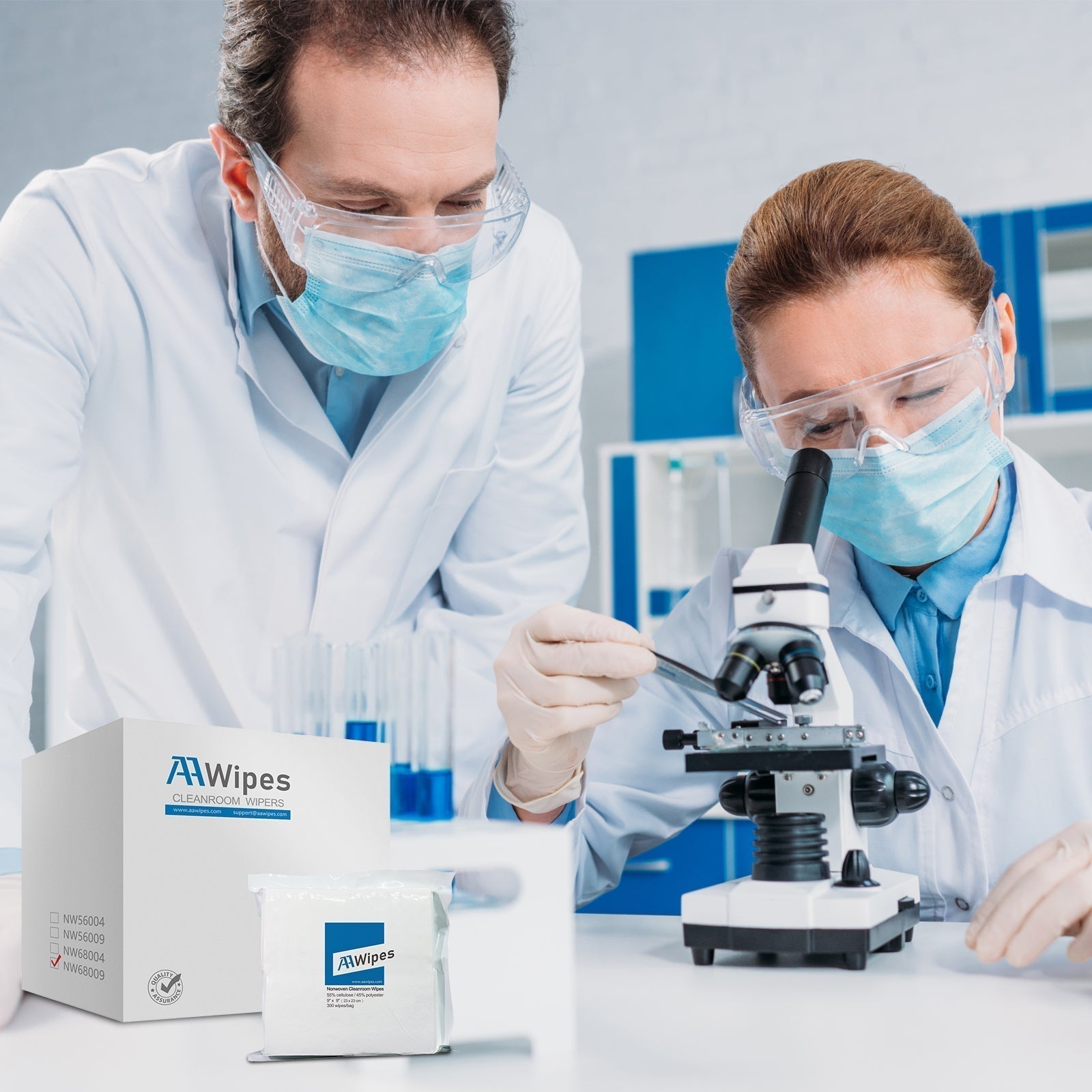 AAWipes sterile and non-sterile cleanroom wipes for ISO Class 5–8 environments — lint-free, low-particle wipes designed for lab, biological, and chemical research contamination control.