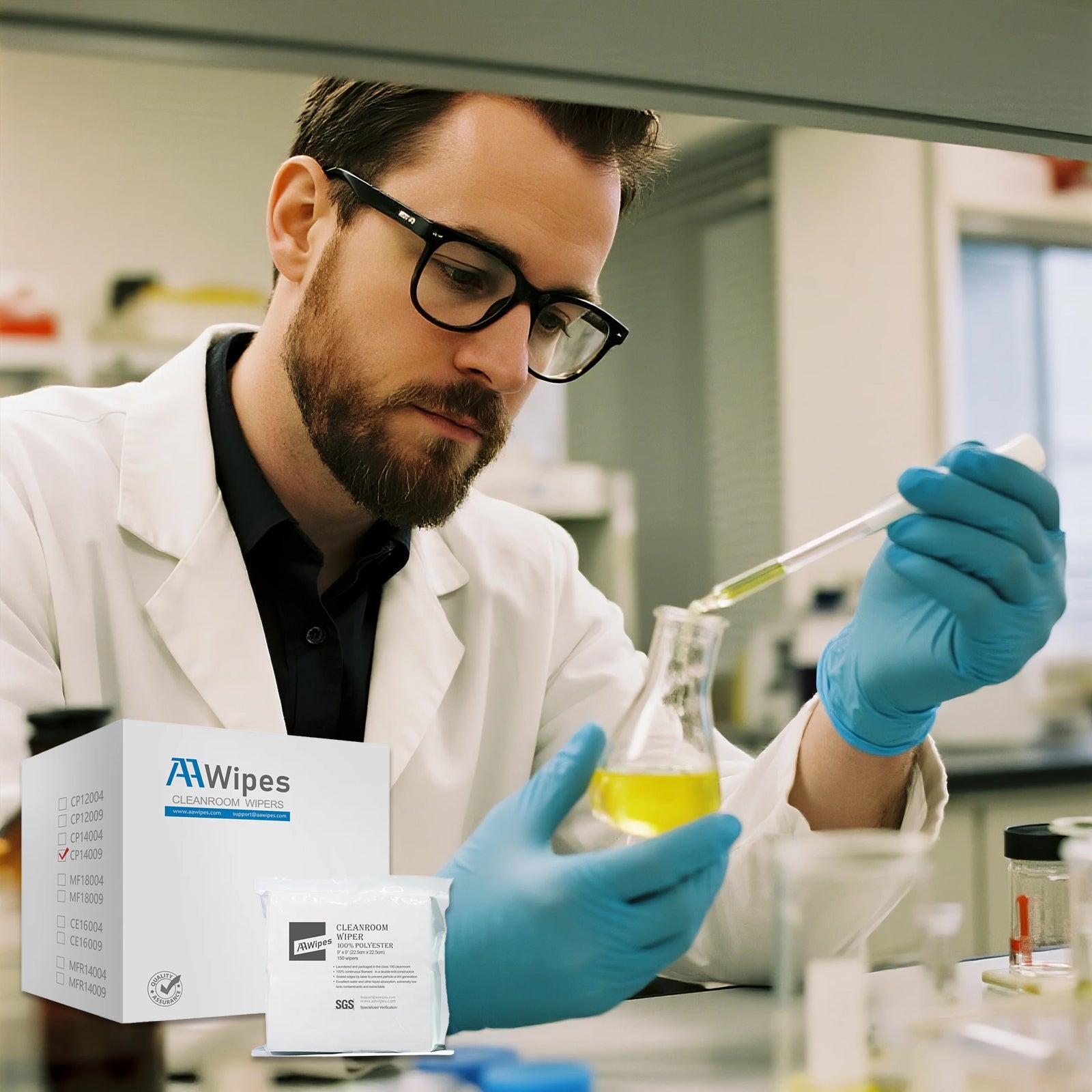 Industrial buyer comparing different types of cleanroom wipes — polyester, microfiber, and nonwoven — to evaluate quality and packaging for bulk wholesale orders
