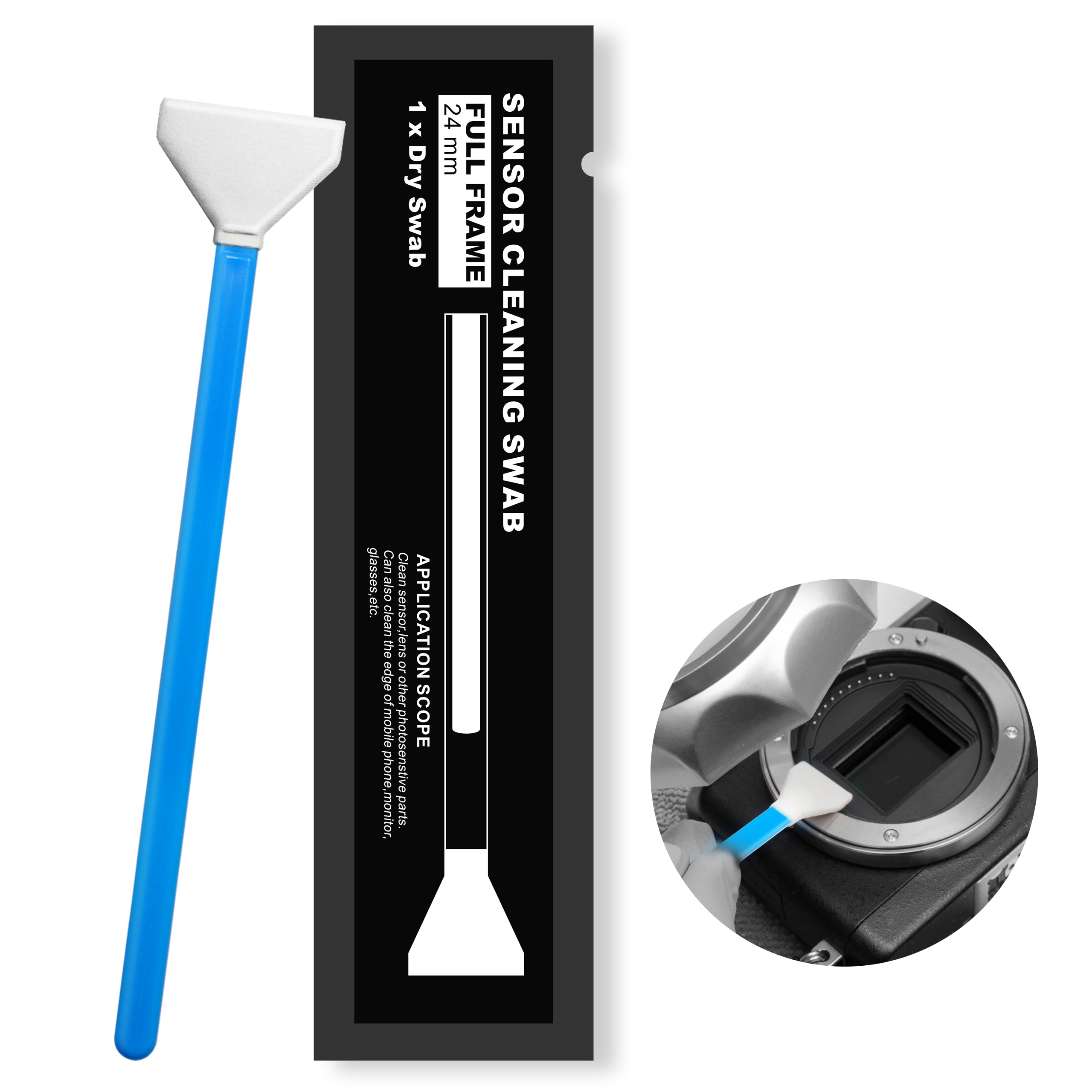 Close-up of 24 mm APS-C sensor cleaning swab made of microfiber, lint-free and precise