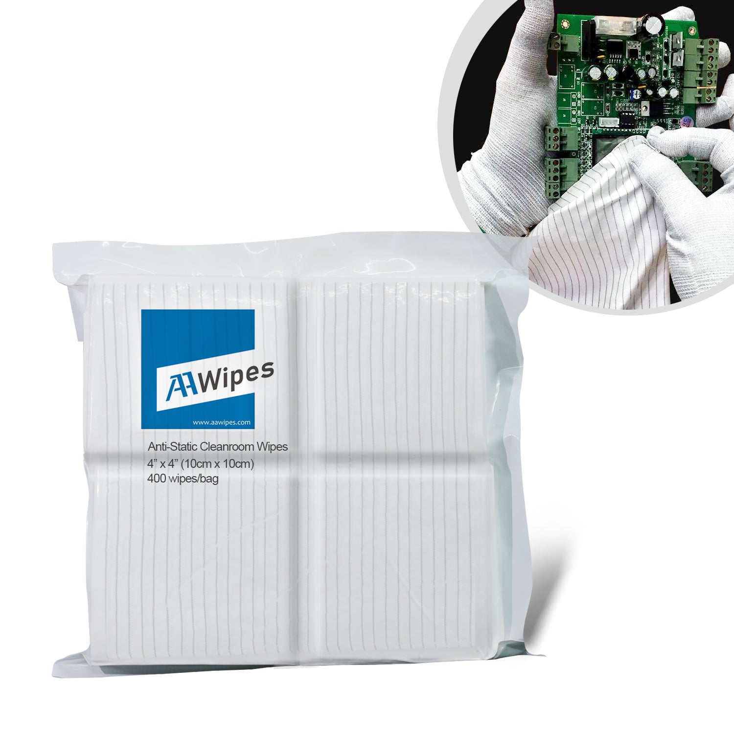 AAwipes Anti-Static Cleanroom Cloths: Premium Polyester, ESD, Low Lint, High Solvent Absorbency. Ideal for Electronics. 4,000 Wipes/Box, 10 Bags (No. CE16004).