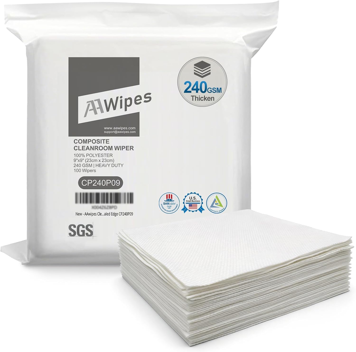 Heavy-Duty Cleanroom Wipes 9"x9" | 240GSM Multi-Ply Composite Polyester | Laser-Sealed Edge Lint-Free Cloths for SMT & Industry, 100 Pcs/Bag, CP240P09