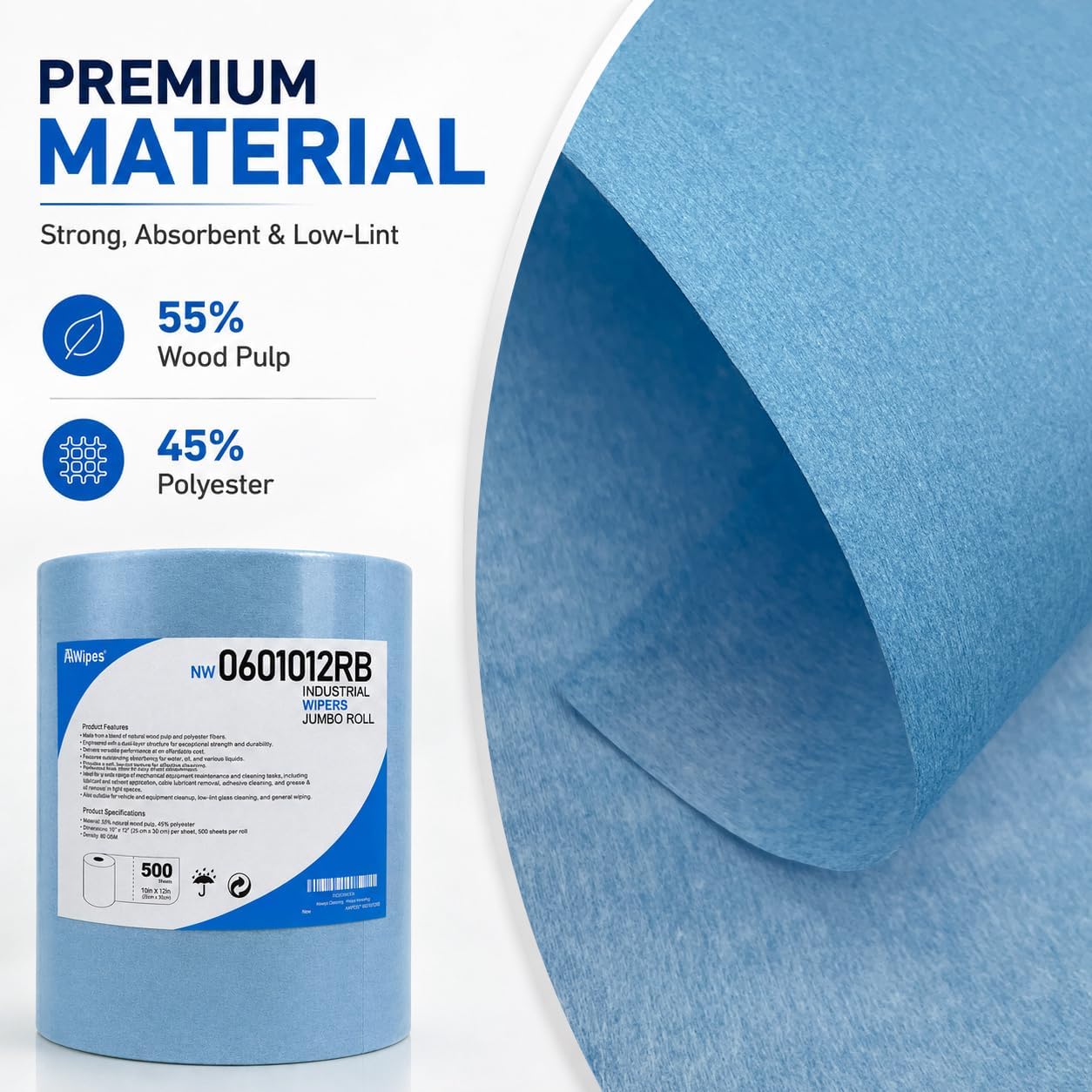 Cleanroom Wipe Roll (500 Sheets, 10"x12") – Heavy-Duty Blue Cellulose-Polyester Blend, Low-Lint & Highly Absorbent for Industrial, Lab & Cleanroom Bulk Supply
