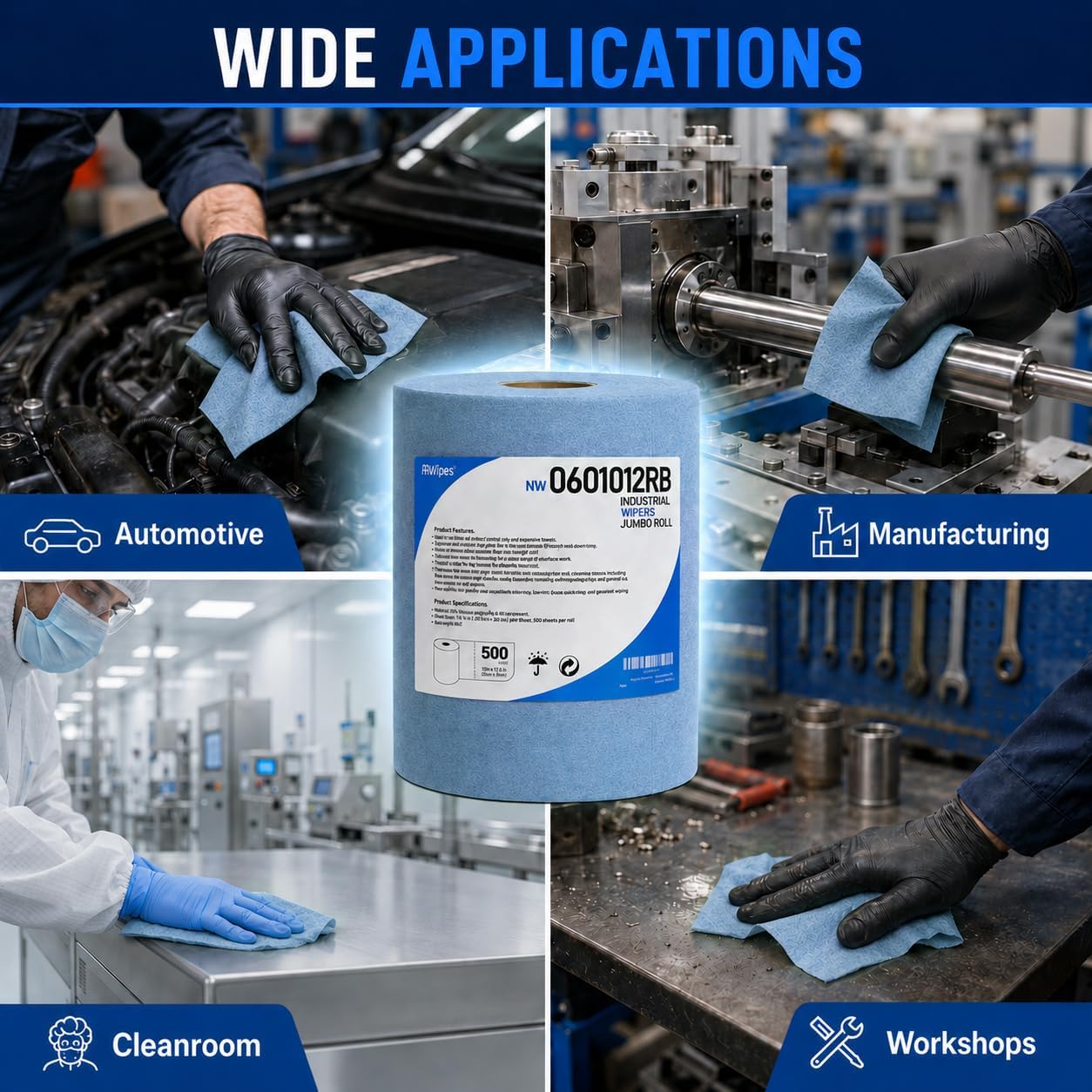 Cleanroom Wipe Roll (500 Sheets, 10"x12") – Heavy-Duty Blue Cellulose-Polyester Blend, Low-Lint & Highly Absorbent for Industrial, Lab & Cleanroom Bulk Supply