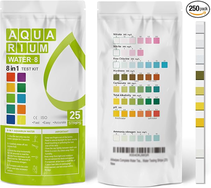 Aquarium Ammonia Test Strips 8-in-1 |250 Strips Bag Packs| Quick & Accurate Water Testing Test pH, Carbonate, Alkalinity, Hardness, Chlorine, Nitrite, etc. (K02-250)