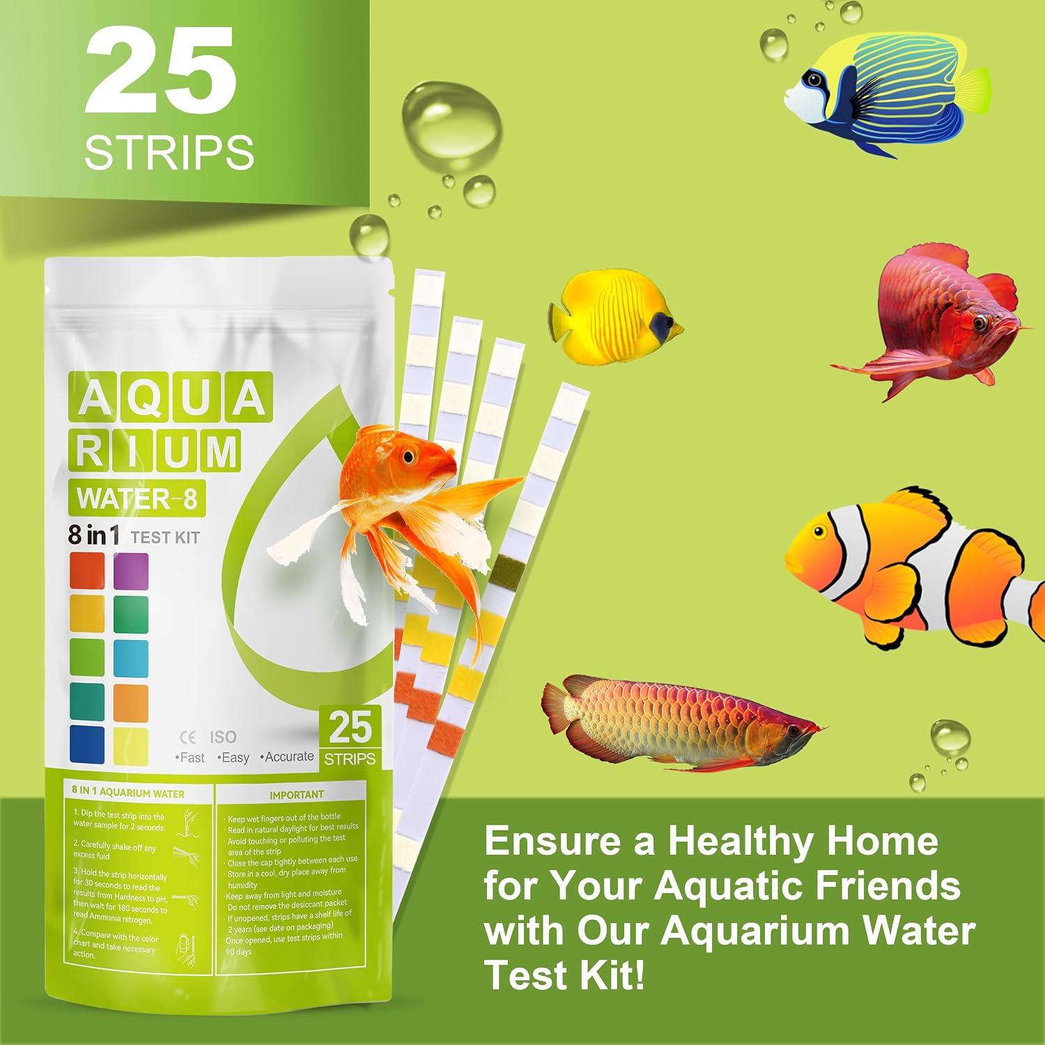 Aquarium Ammonia Test Strips 8-in-1 |250 Strips Bag Packs| Quick & Accurate Water Testing Test pH, Carbonate, Alkalinity, Hardness, Chlorine, Nitrite, etc. (K02-250)