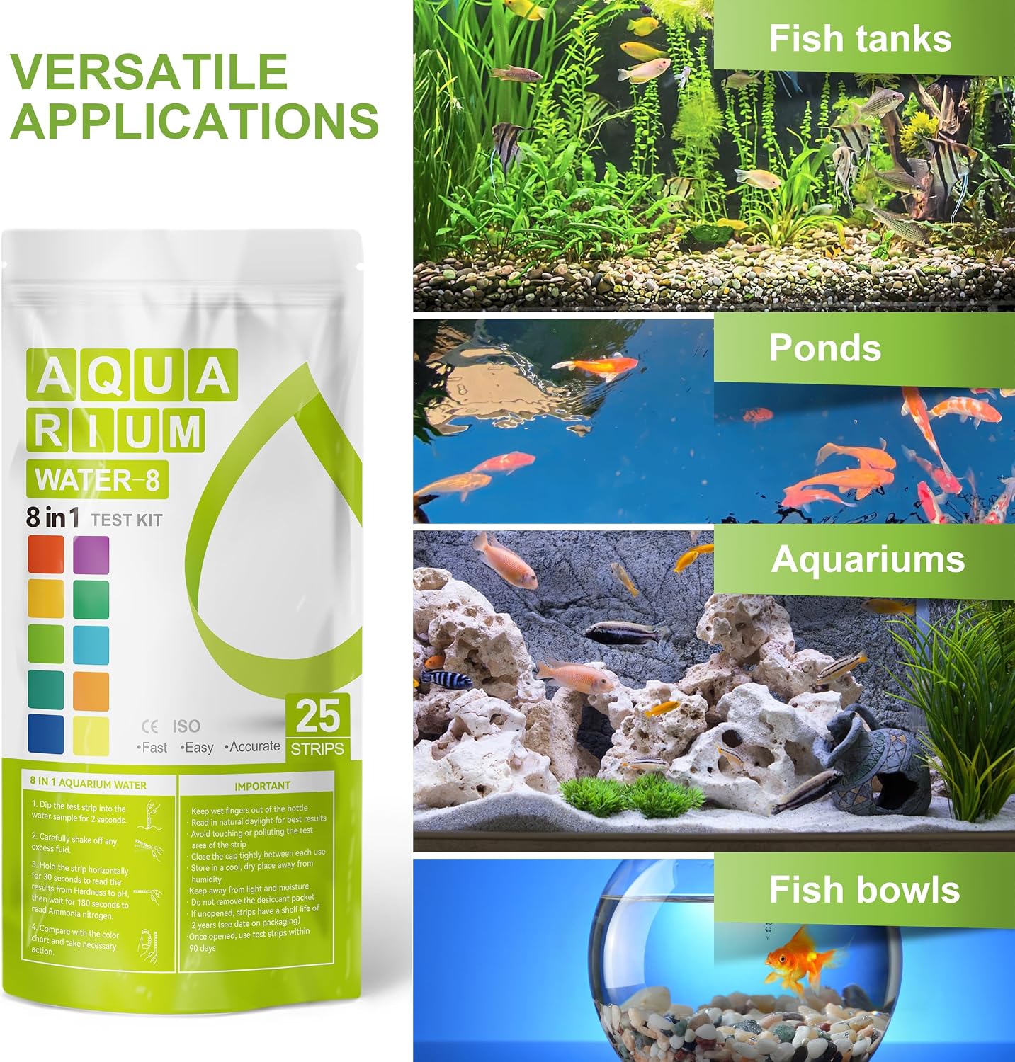 Aquarium Ammonia Test Strips 8-in-1 |250 Strips Bag Packs| Quick & Accurate Water Testing Test pH, Carbonate, Alkalinity, Hardness, Chlorine, Nitrite, etc. (K02-250)
